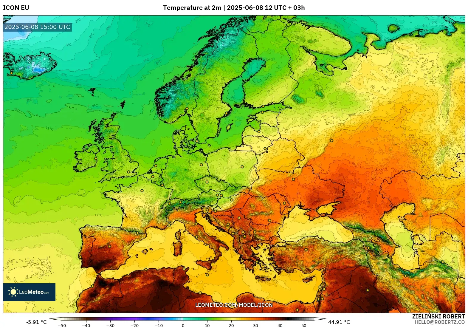 ICON model - Europe, Temperature at 2m
