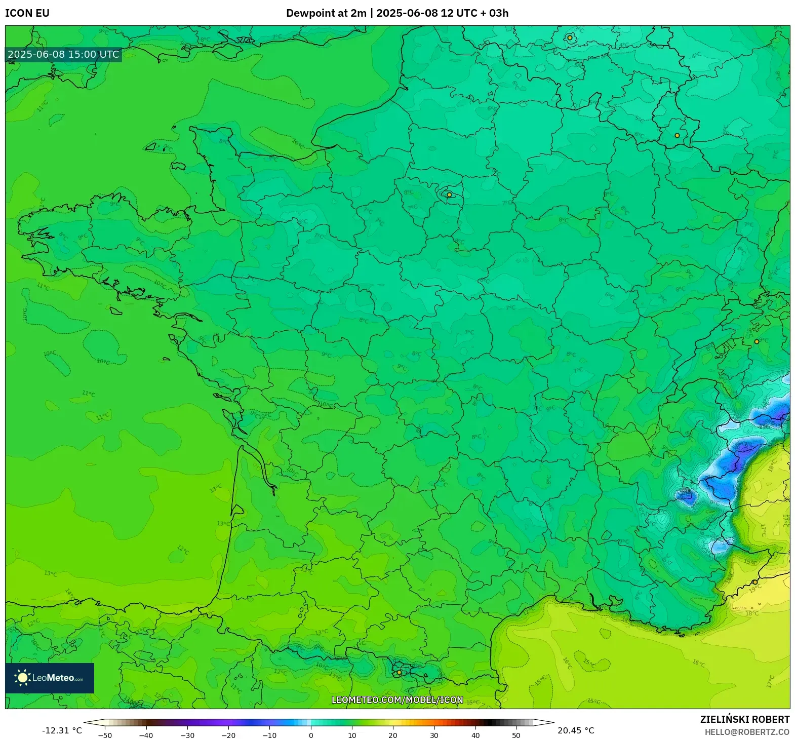 ICON model - France, Dewpoint at 2m ICON model - France, Dewpoint at 2m