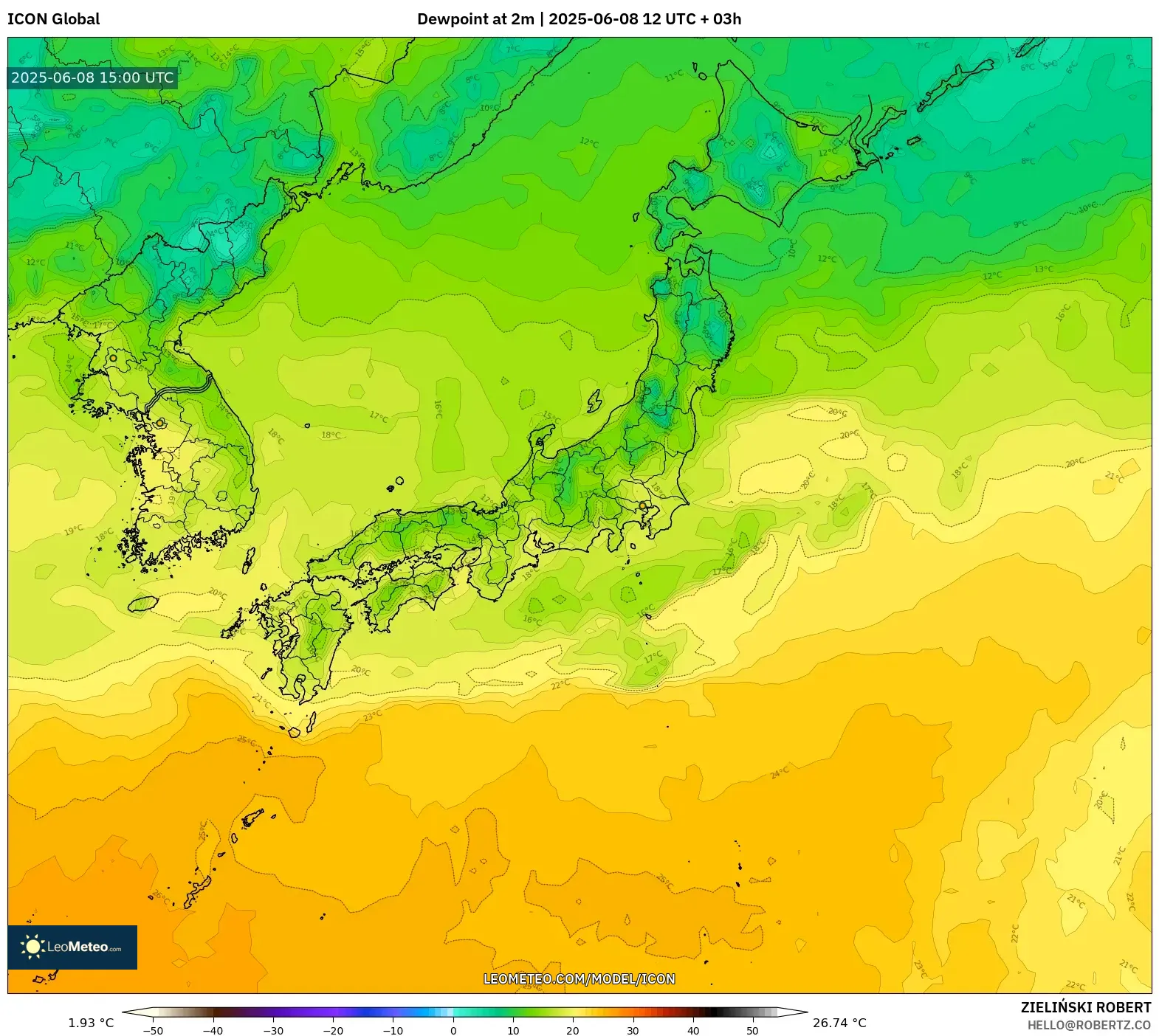 ICON model - Japan, Dewpoint at 2m ICON model - Japan, Dewpoint at 2m