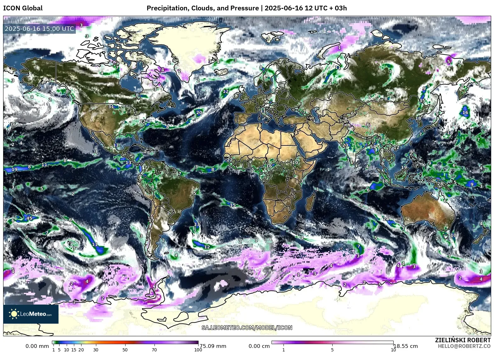 ICON model - World, Precipitation, Clouds, and Pressure ICON model - World, Precipitation, Clouds, and Pressure