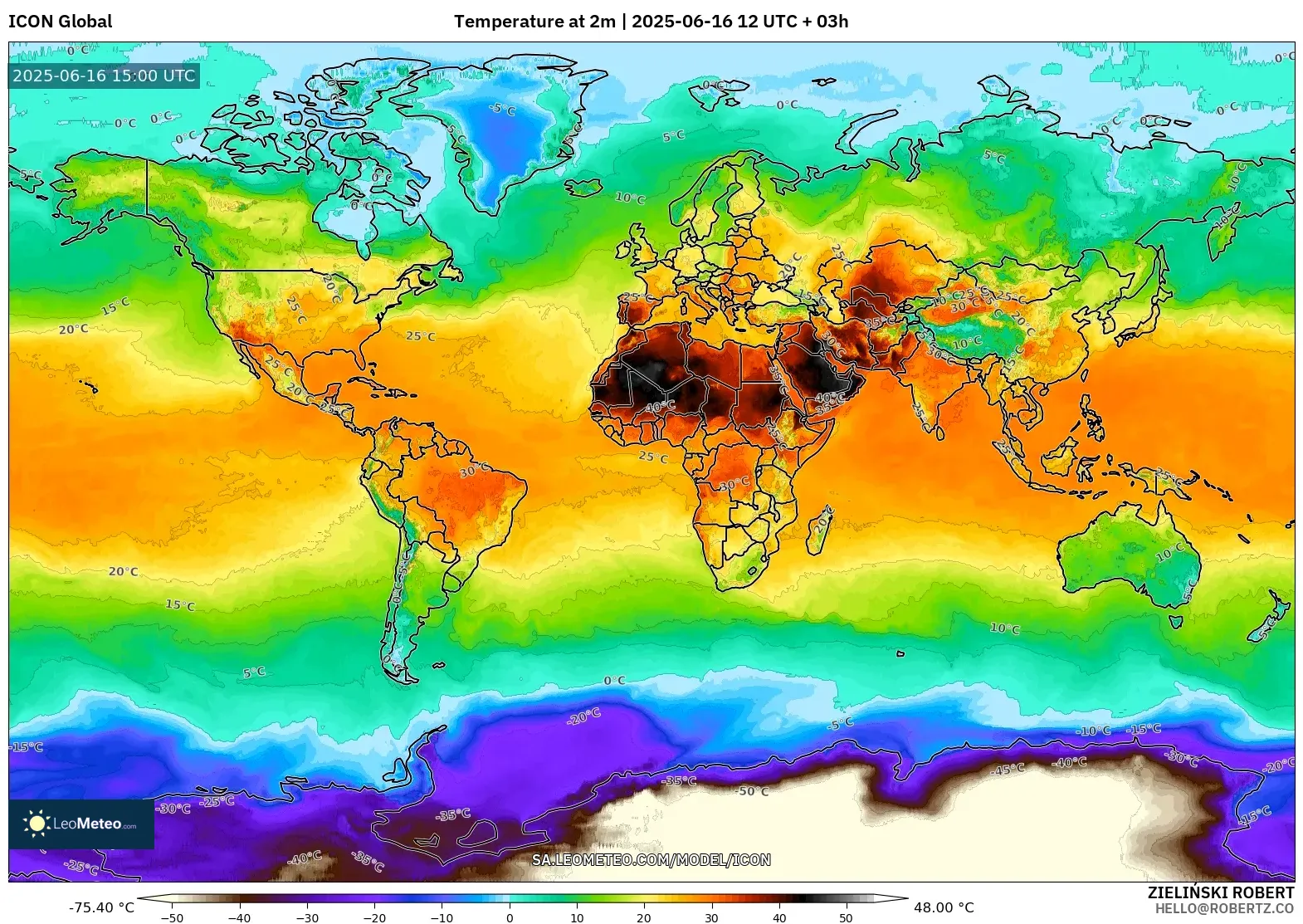 ICON model - World, Temperature at 2m ICON model - World, Temperature at 2m