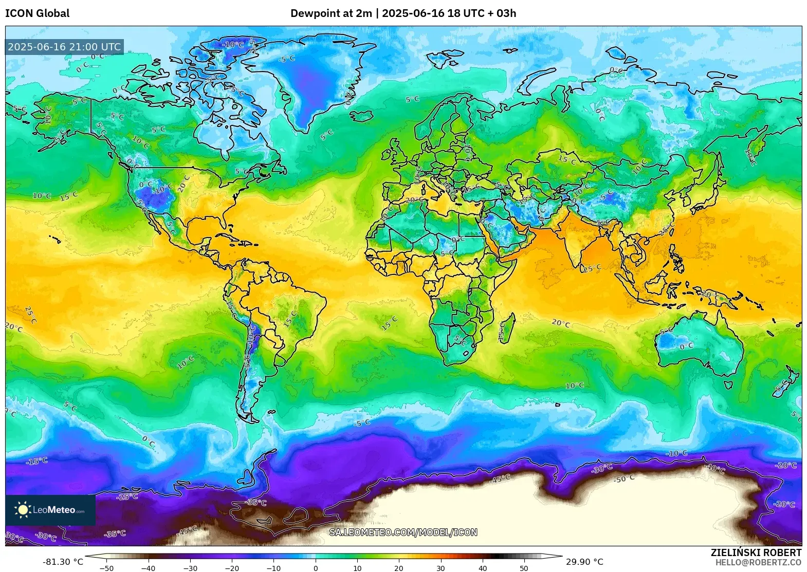 ICON model - World, Dewpoint at 2m ICON model - World, Dewpoint at 2m