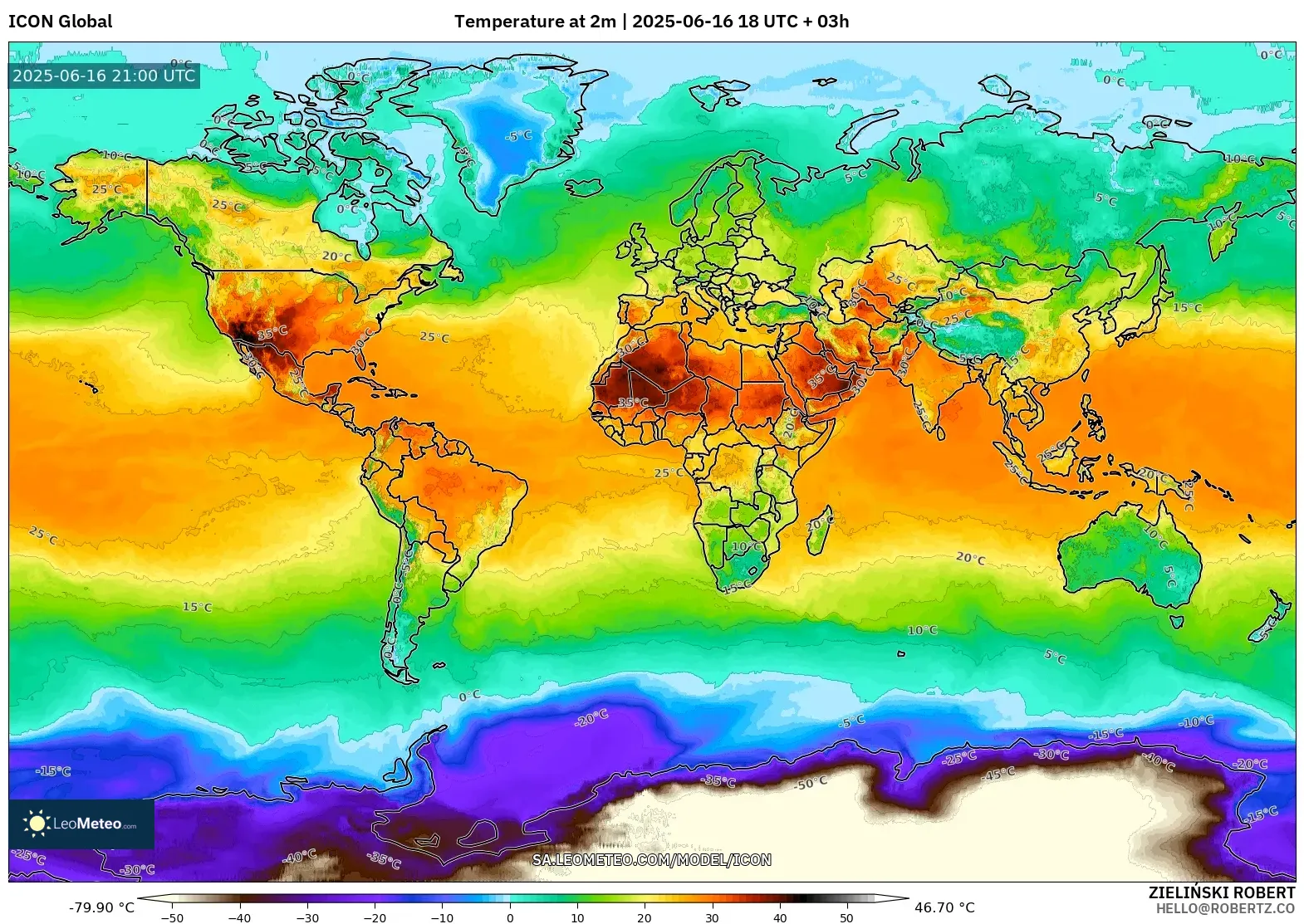 ICON model - World, Temperature at 2m ICON model - World, Temperature at 2m