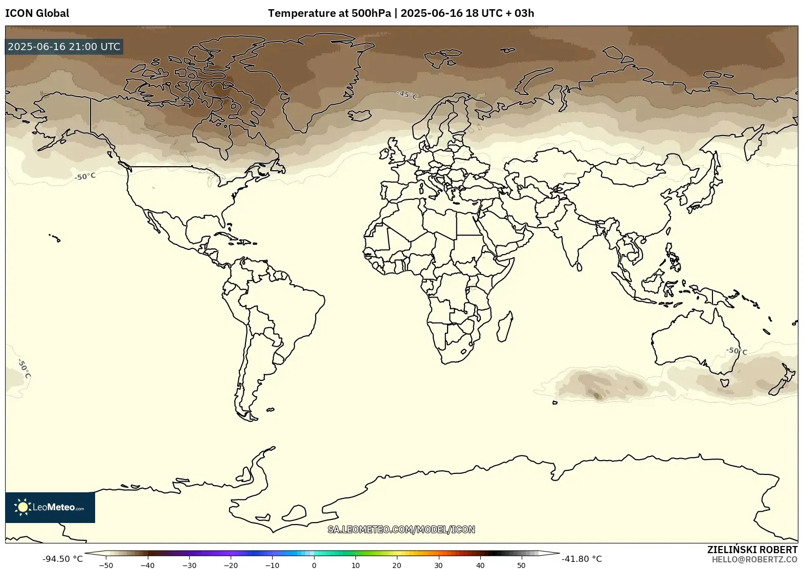 ICON model - World, Temperature at 500hPa ICON model - World, Temperature at 500hPa