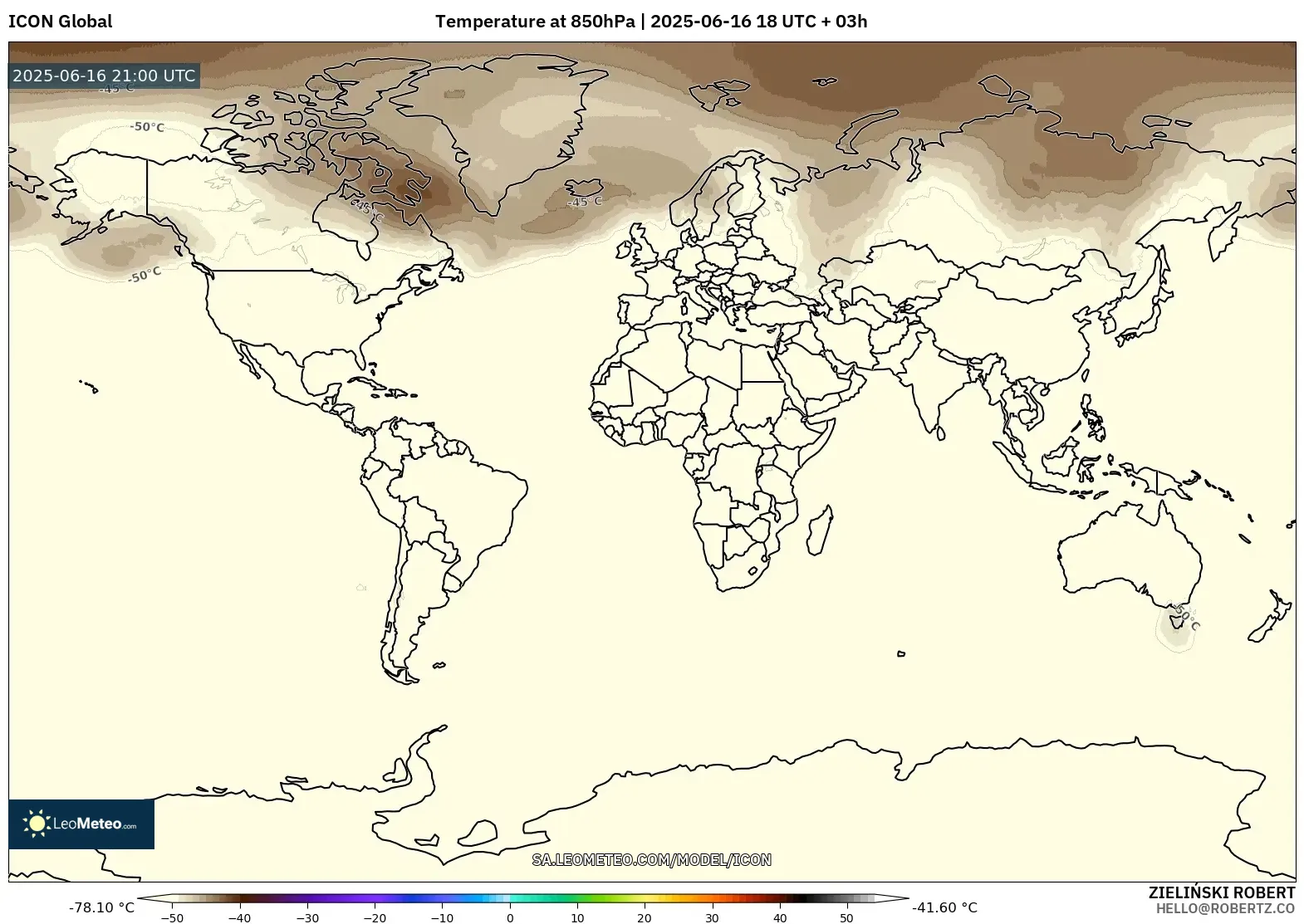 ICON model - World, Temperature at 850hPa ICON model - World, Temperature at 850hPa