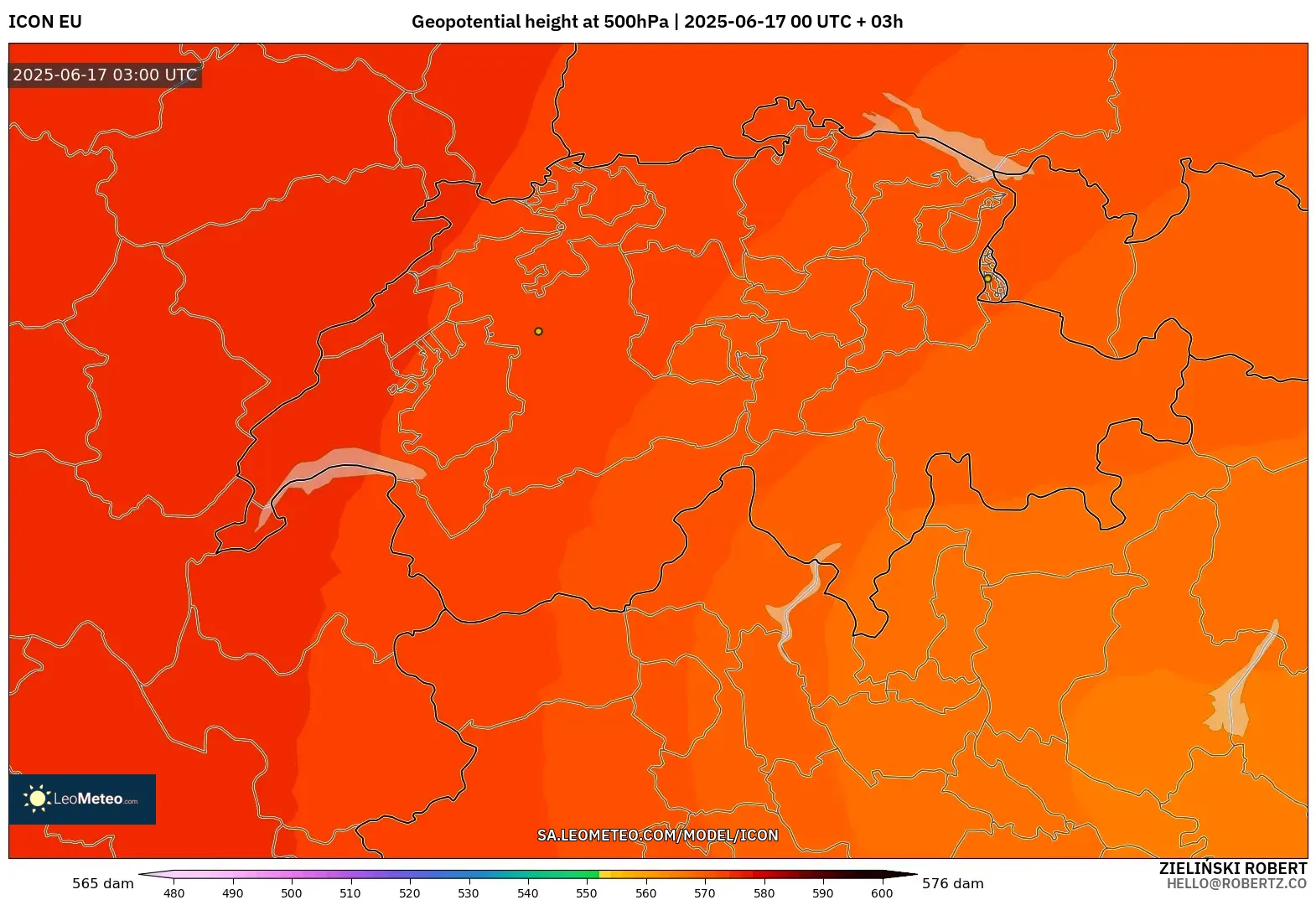 ICON model - Switzerland, Ketinggian geopotensial pada 500 hPa ICON model - Switzerland, Ketinggian geopotensial pada 500 hPa