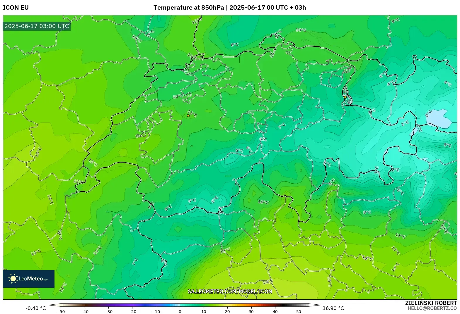 ICON model - Switzerland, Suhu 850 hPa ICON model - Switzerland, Suhu 850 hPa