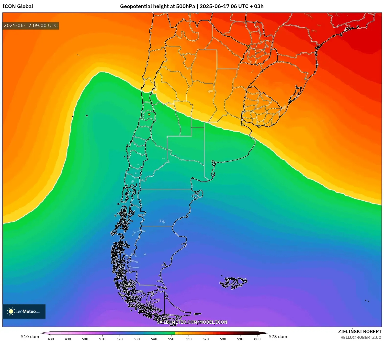 ICON model - Argentina, Ketinggian geopotensial pada 500 hPa ICON model - Argentina, Ketinggian geopotensial pada 500 hPa