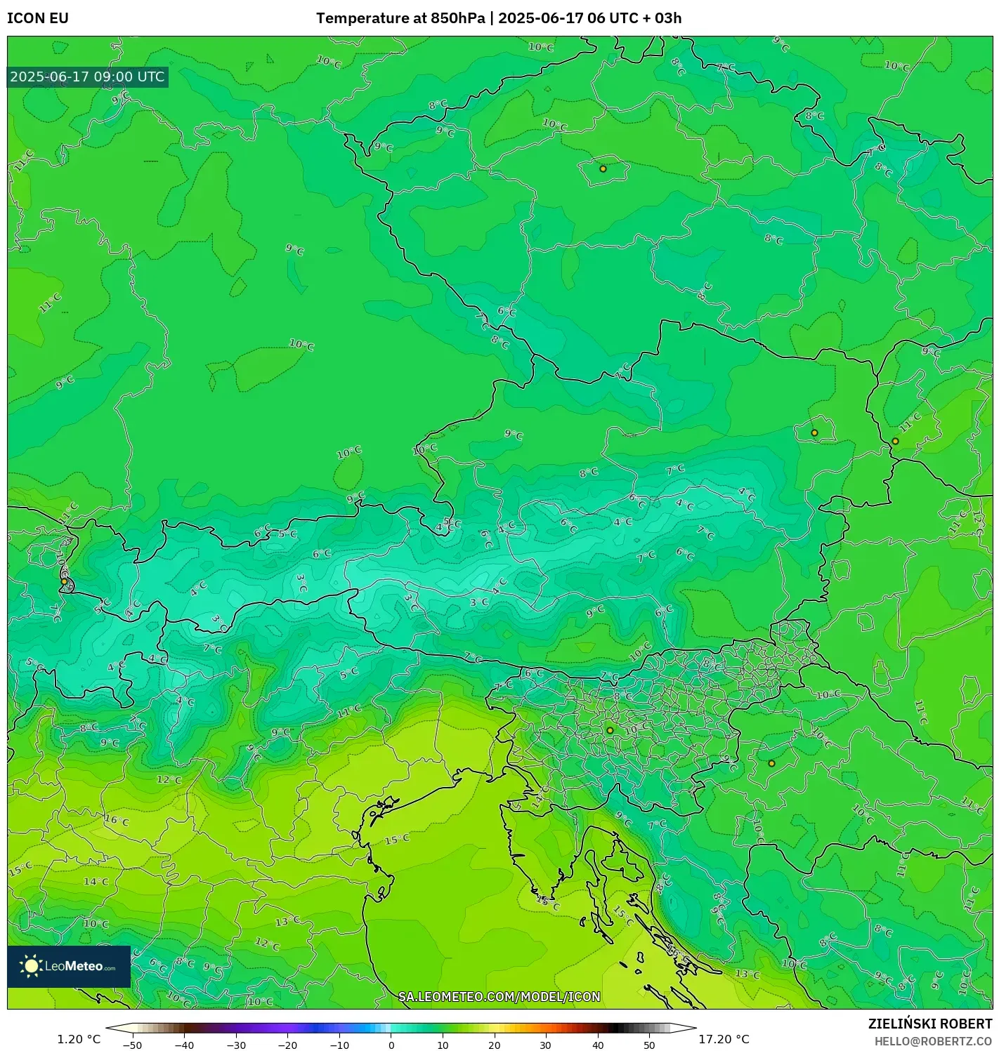 ICON model - Austria, Suhu 850 hPa ICON model - Austria, Suhu 850 hPa