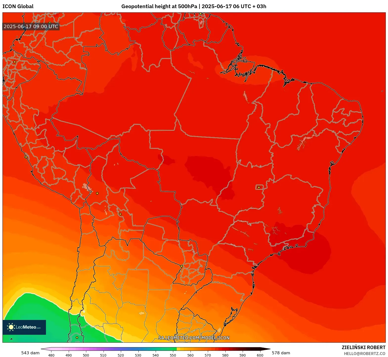 ICON model - Brazil, Ketinggian geopotensial pada 500 hPa ICON model - Brazil, Ketinggian geopotensial pada 500 hPa