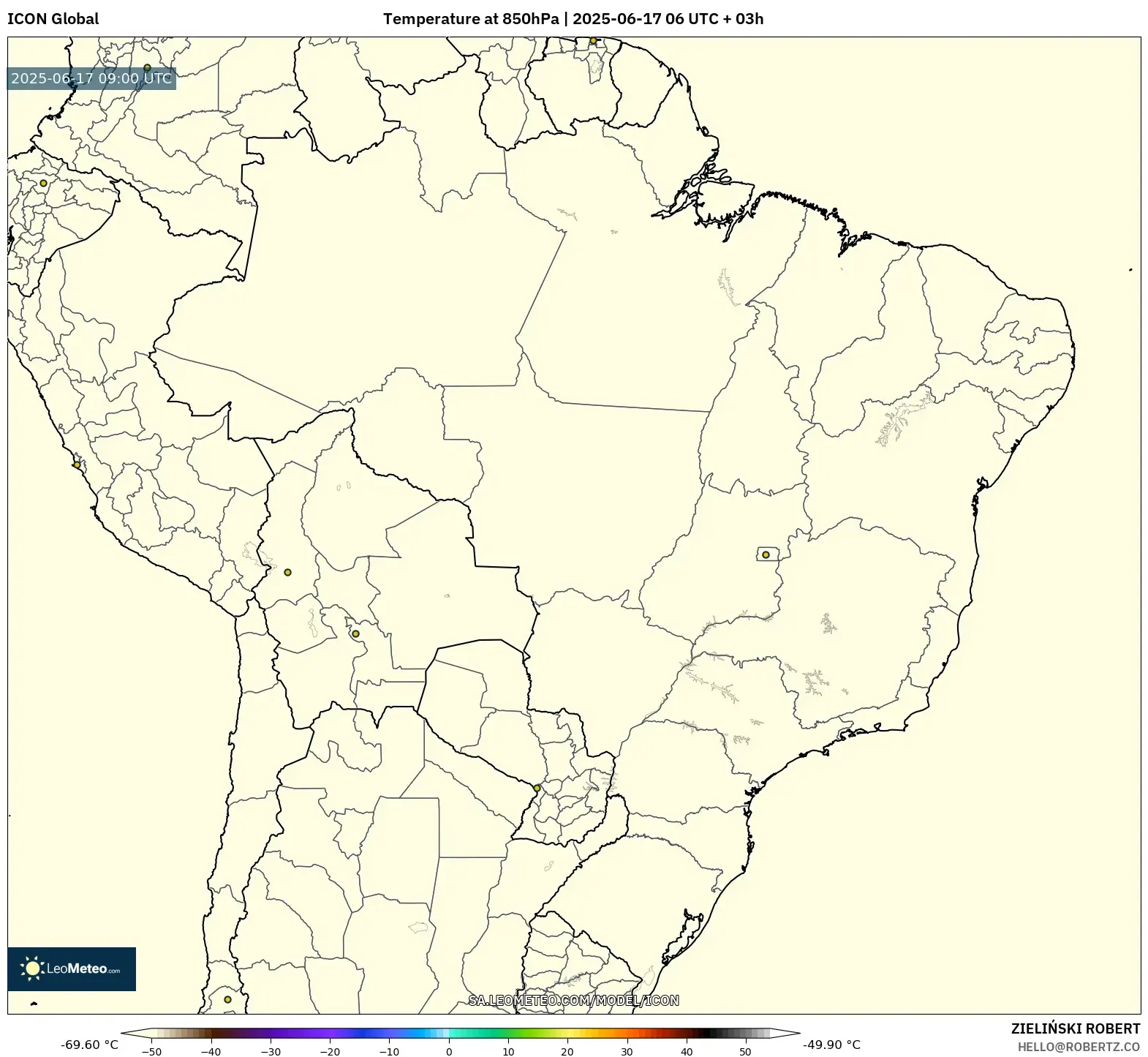 ICON model - Brazil, Suhu 850 hPa ICON model - Brazil, Suhu 850 hPa