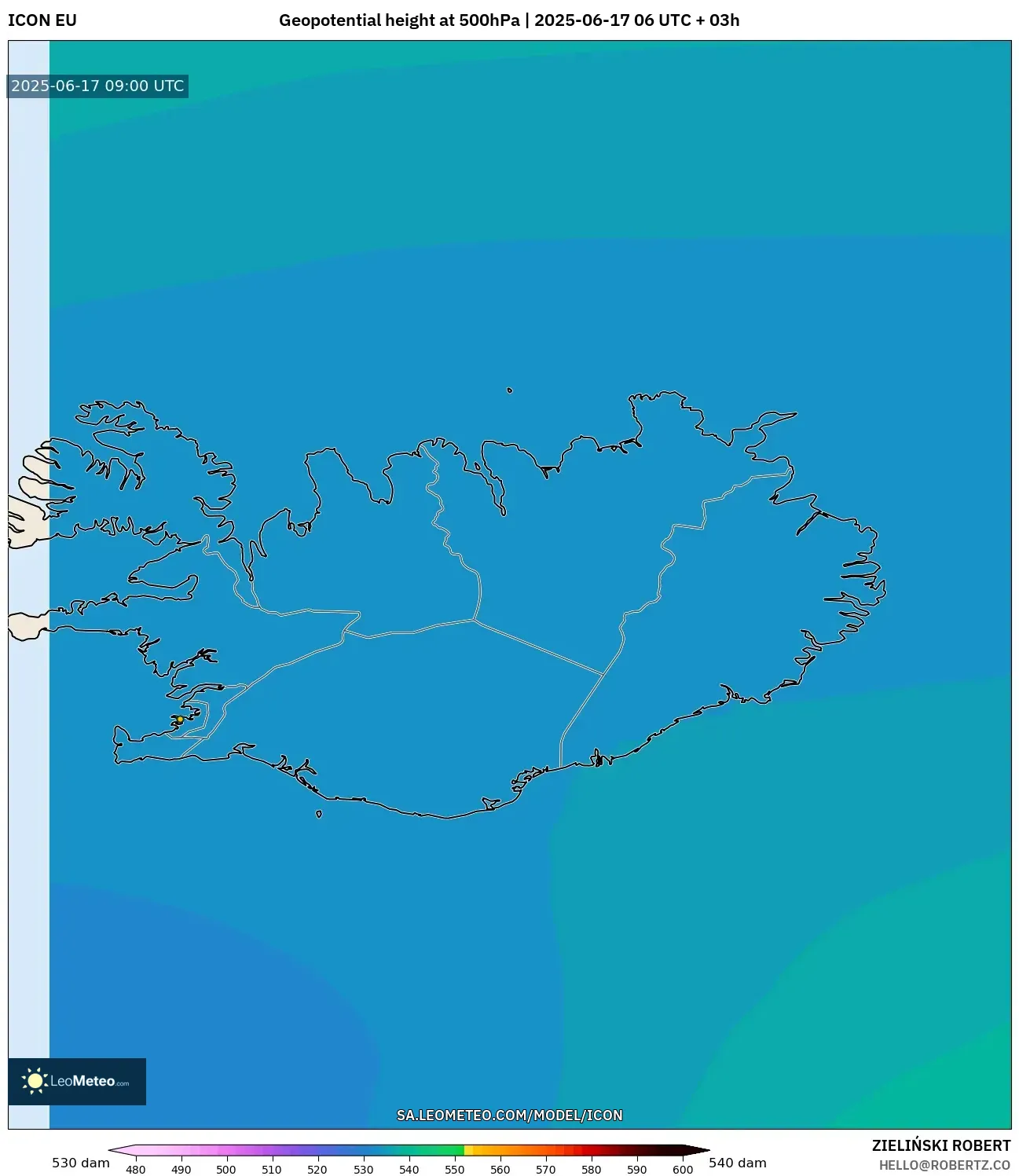 ICON model - Iceland, Ketinggian geopotensial pada 500 hPa ICON model - Iceland, Ketinggian geopotensial pada 500 hPa