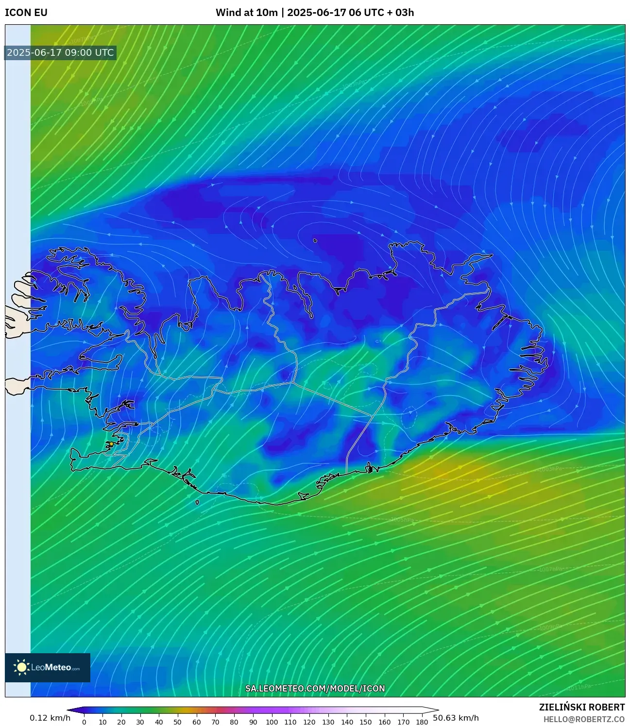 ICON model - Iceland, Angin 10 m ICON model - Iceland, Angin 10 m