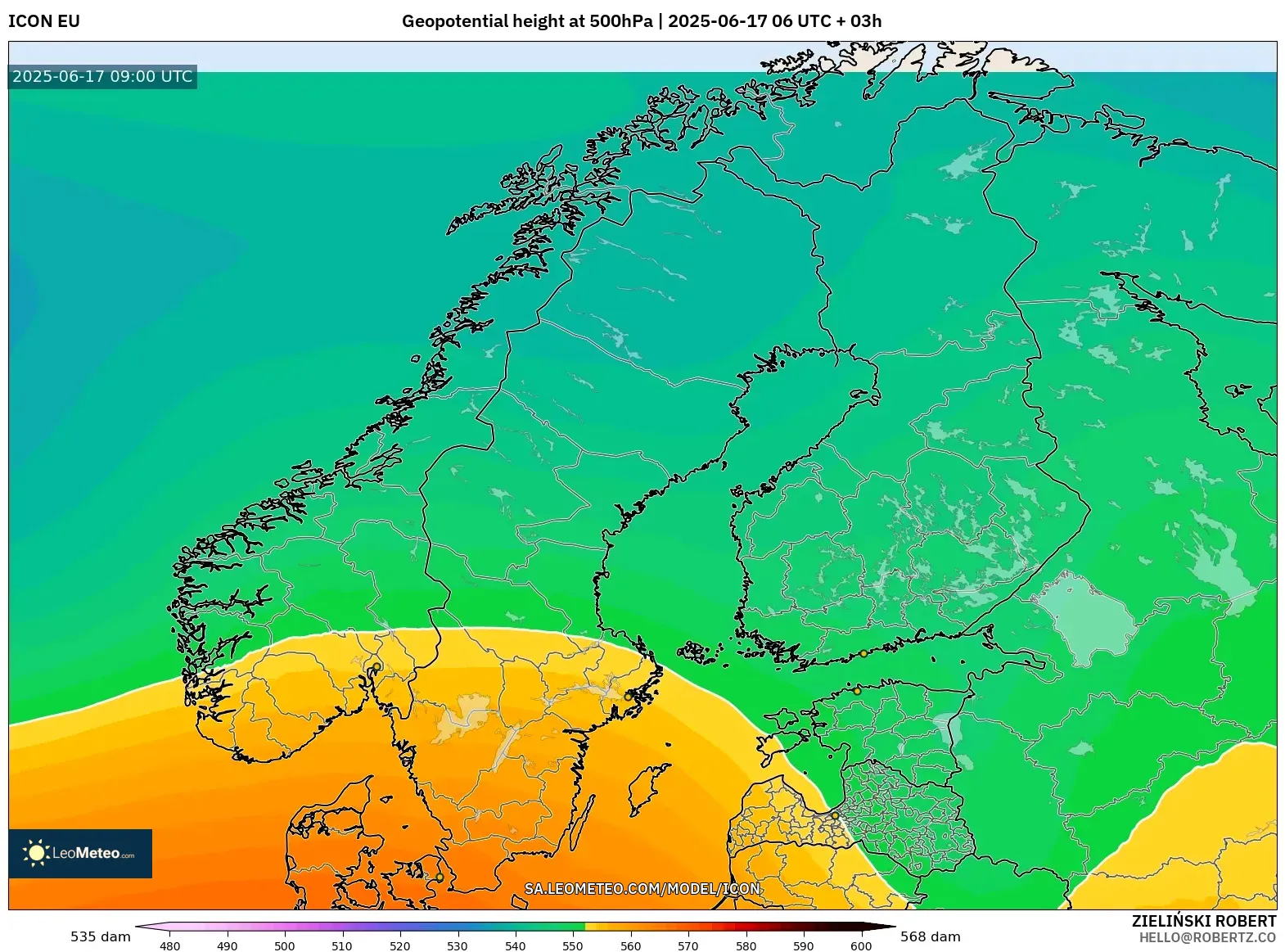 ICON model - Skandinavia, Ketinggian geopotensial pada 500 hPa ICON model - Skandinavia, Ketinggian geopotensial pada 500 hPa