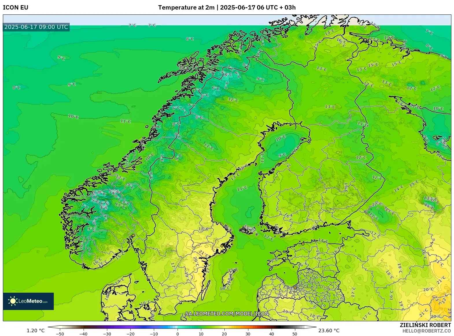ICON model - Skandinavia, Suhu pada 2 m ICON model - Skandinavia, Suhu pada 2 m