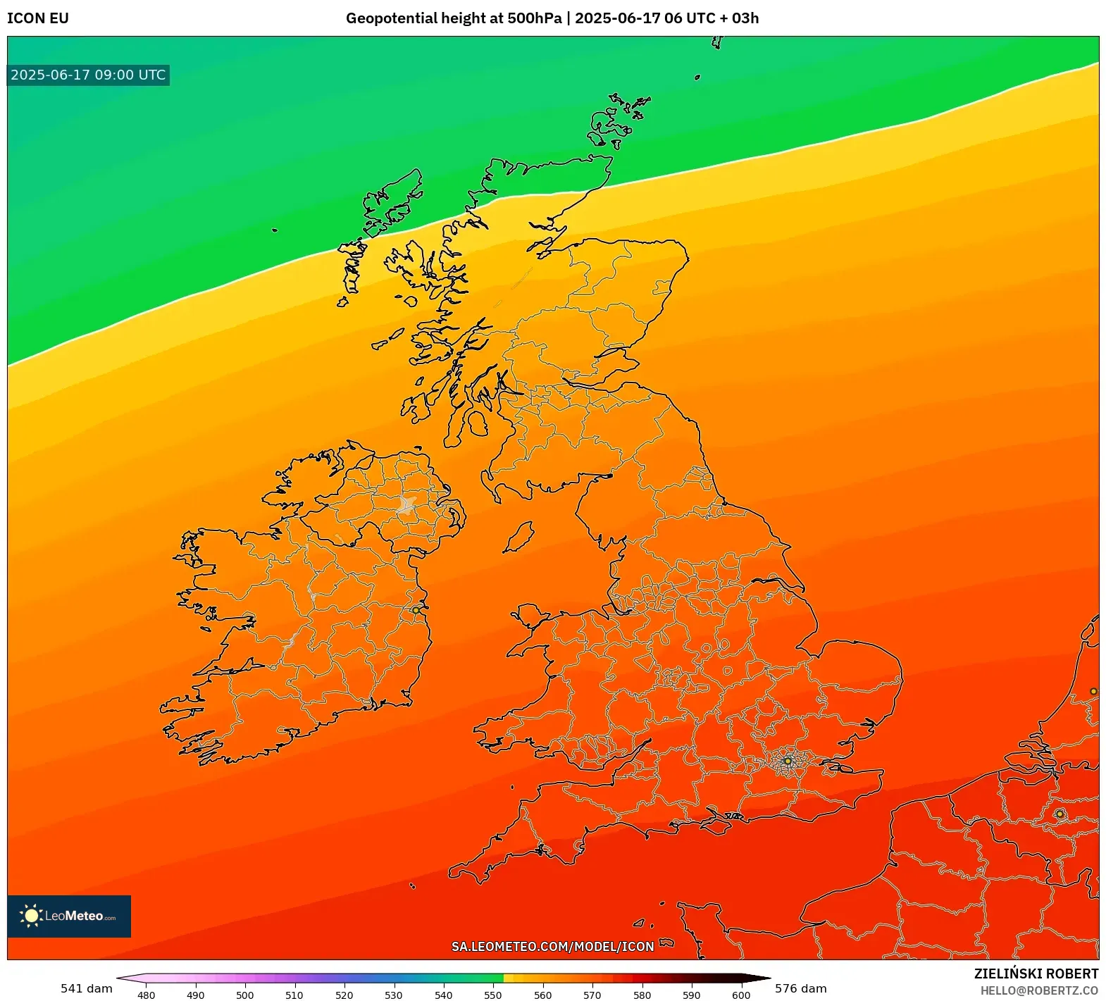 ICON model - United Kingdom, Ketinggian geopotensial pada 500 hPa ICON model - United Kingdom, Ketinggian geopotensial pada 500 hPa