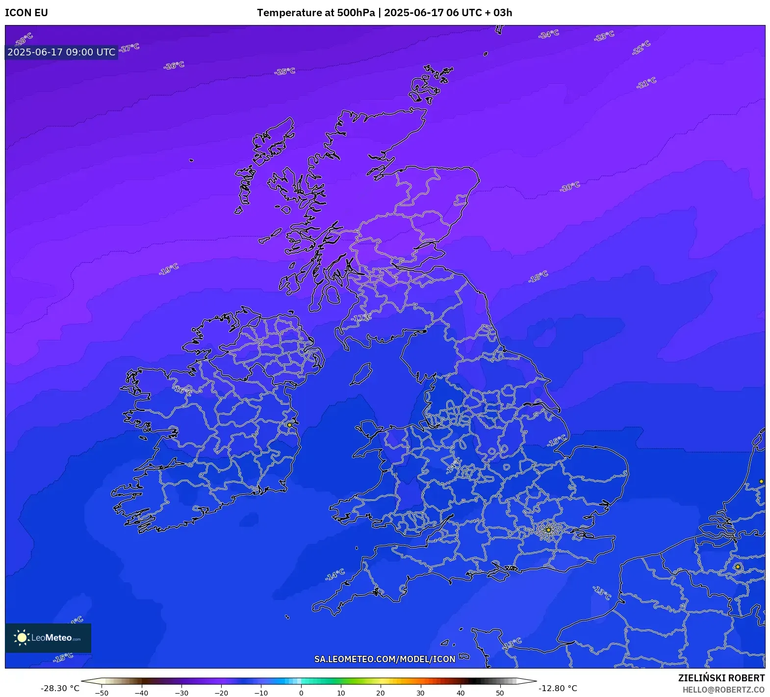 ICON model - United Kingdom, Suhu 500 hPa ICON model - United Kingdom, Suhu 500 hPa