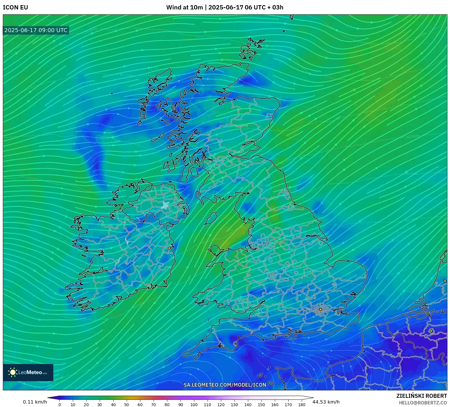 ICON model - United Kingdom, Angin 10 m ICON model - United Kingdom, Angin 10 m