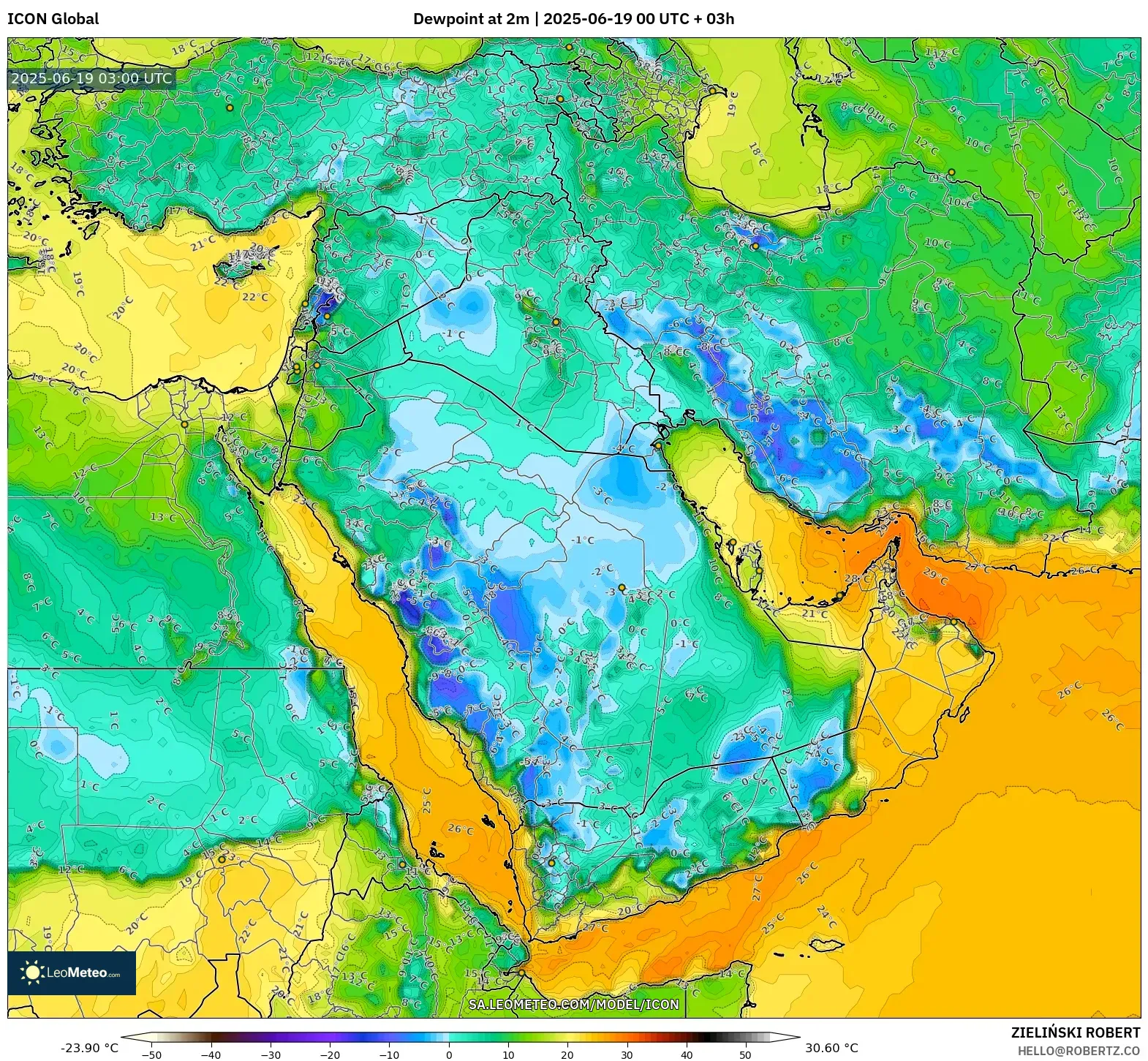 ICON model - Middle East, Dewpoint at 2m ICON model - Middle East, Dewpoint at 2m
