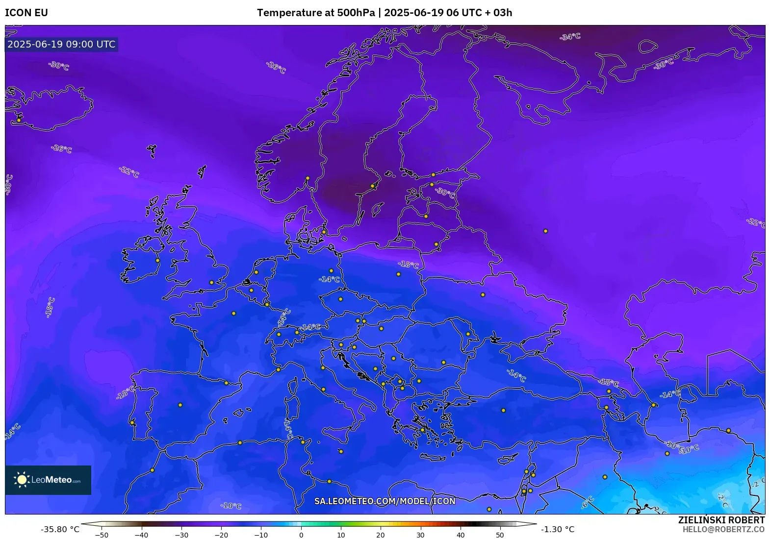 ICON model - Europe, Temperature at 500hPa ICON model - Europe, Temperature at 500hPa
