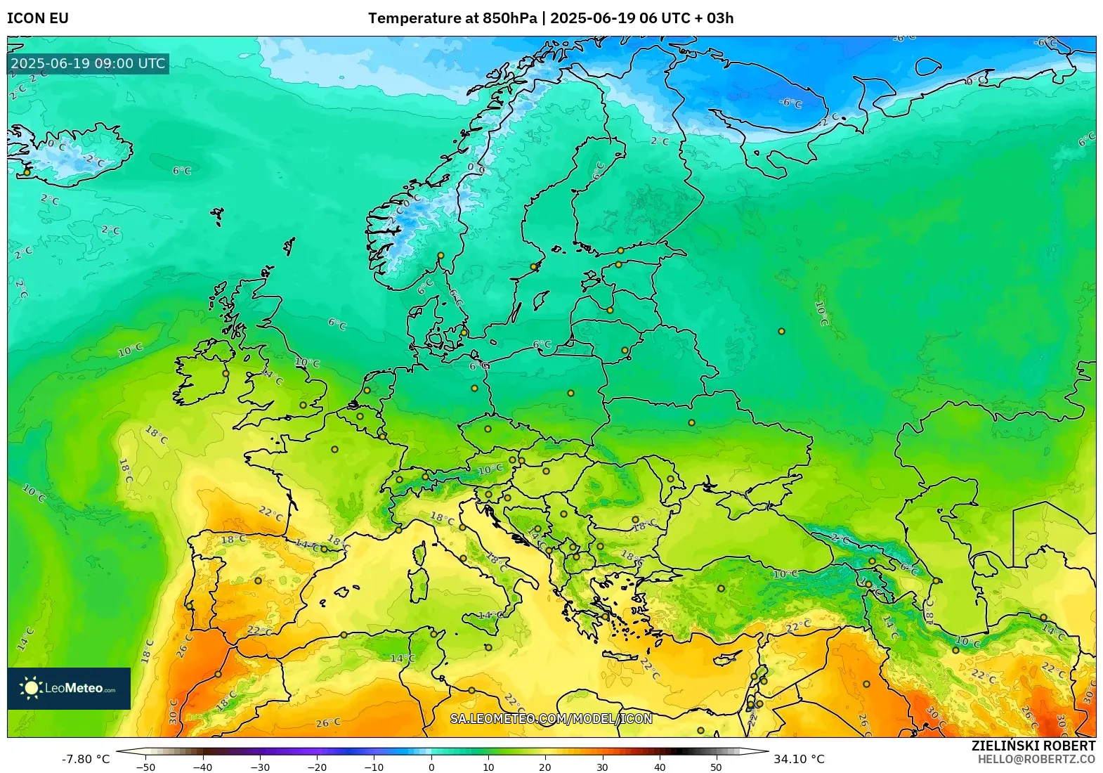 ICON model - Europe, Temperature at 850hPa ICON model - Europe, Temperature at 850hPa