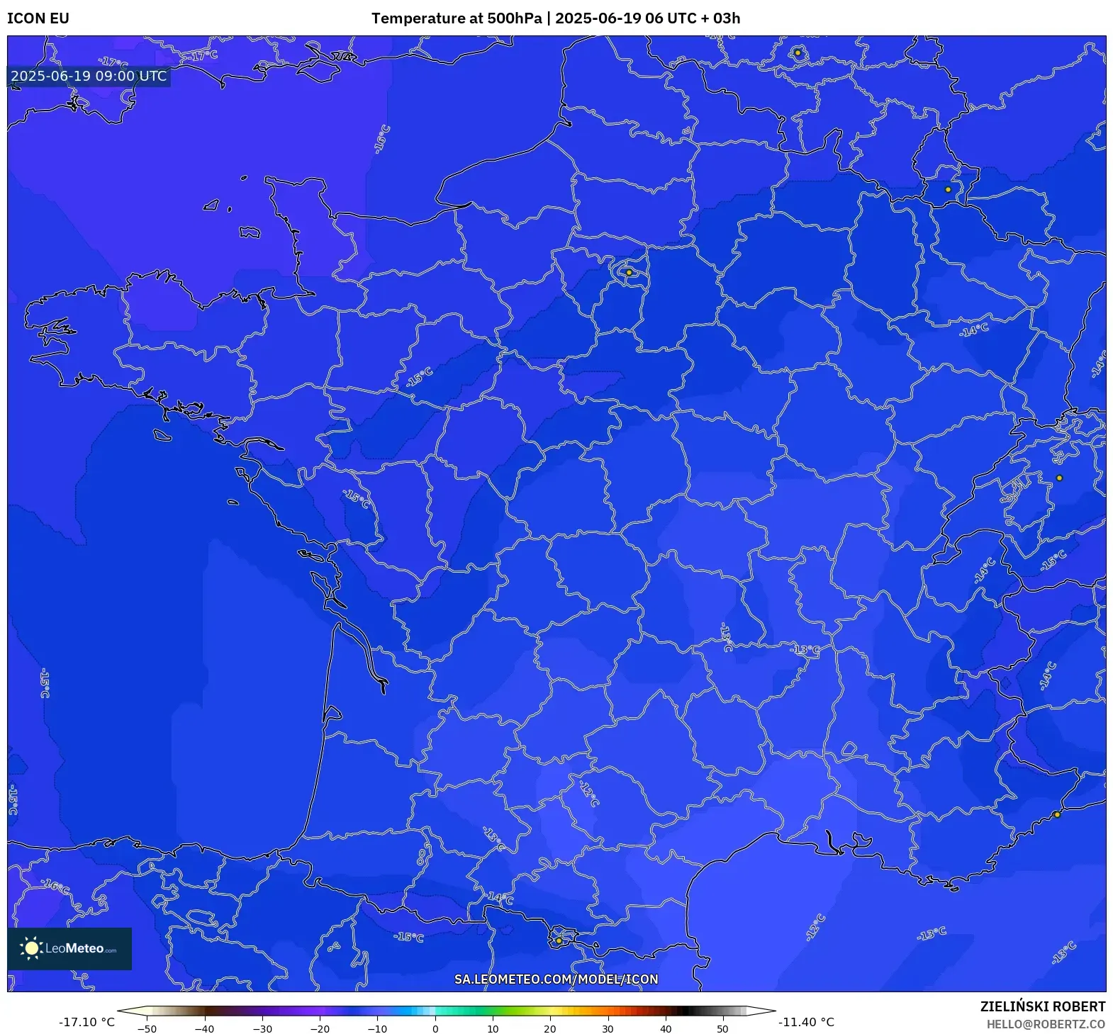 ICON model - France, Temperature at 500hPa ICON model - France, Temperature at 500hPa