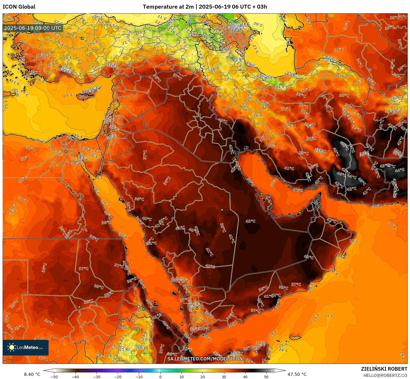 ICON model - Middle East, Temperature at 2m ICON model - Middle East, Temperature at 2m