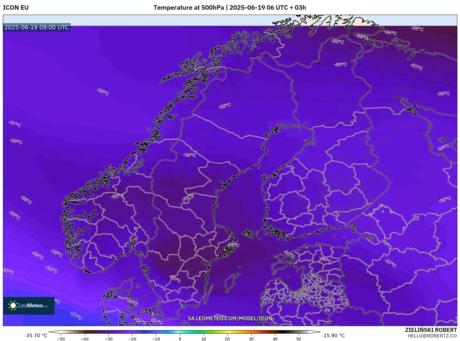 ICON model - Scandinavia, Temperature at 500hPa ICON model - Scandinavia, Temperature at 500hPa