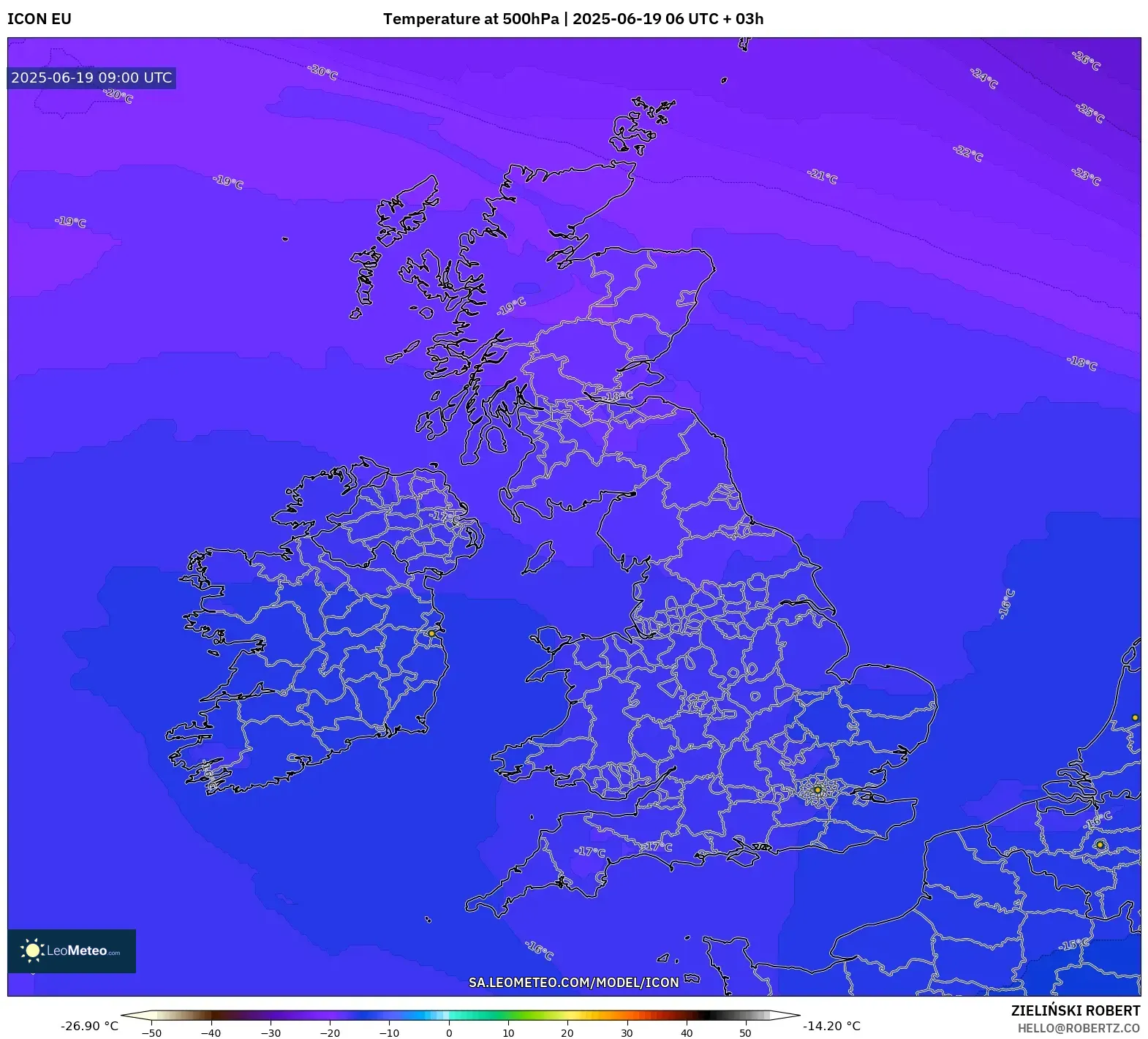 ICON model - United Kingdom, Temperature at 500hPa ICON model - United Kingdom, Temperature at 500hPa