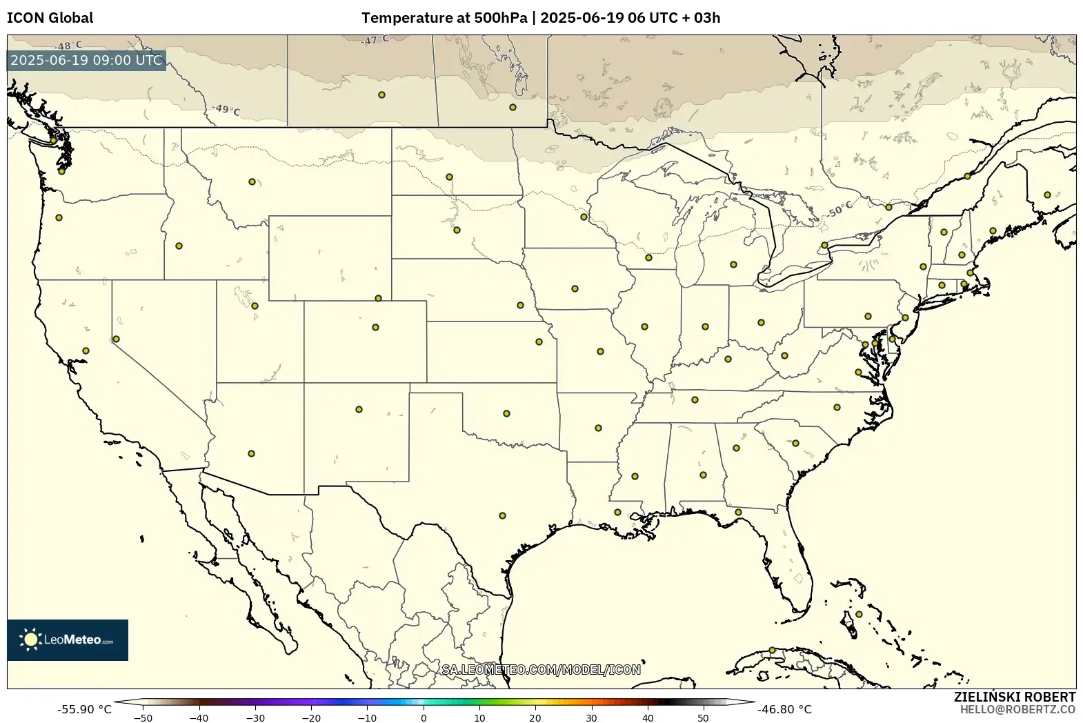 ICON model - United States, Temperature at 500hPa ICON model - United States, Temperature at 500hPa