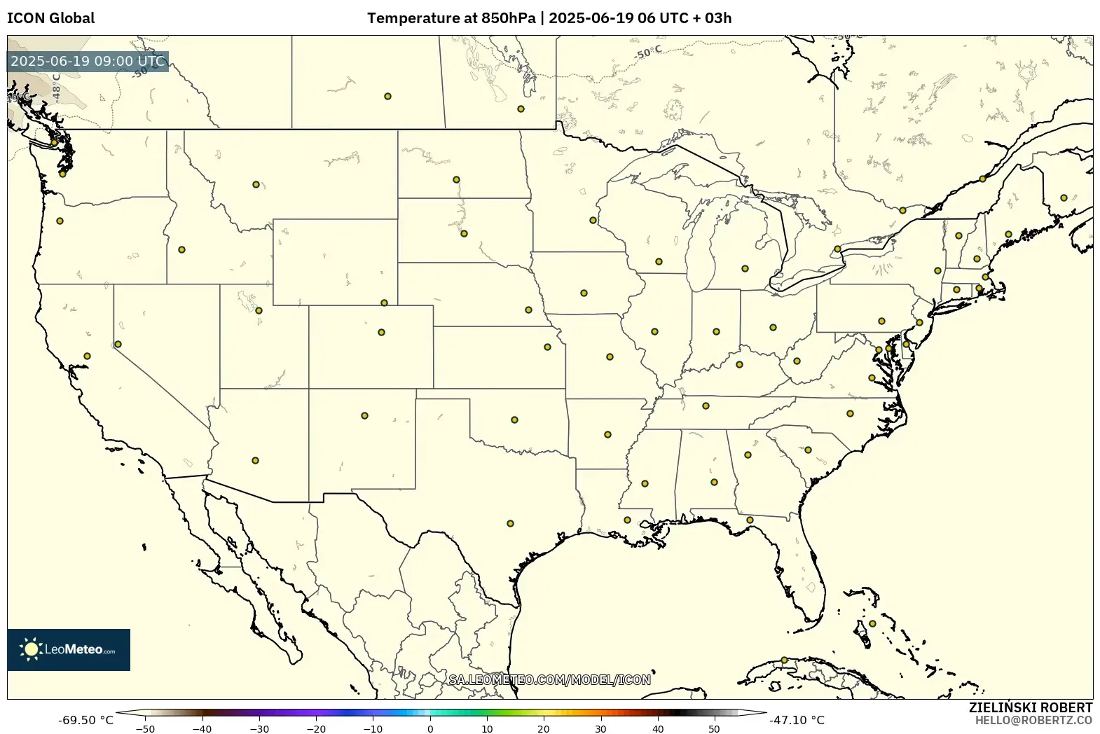 ICON model - United States, Temperature at 850hPa ICON model - United States, Temperature at 850hPa