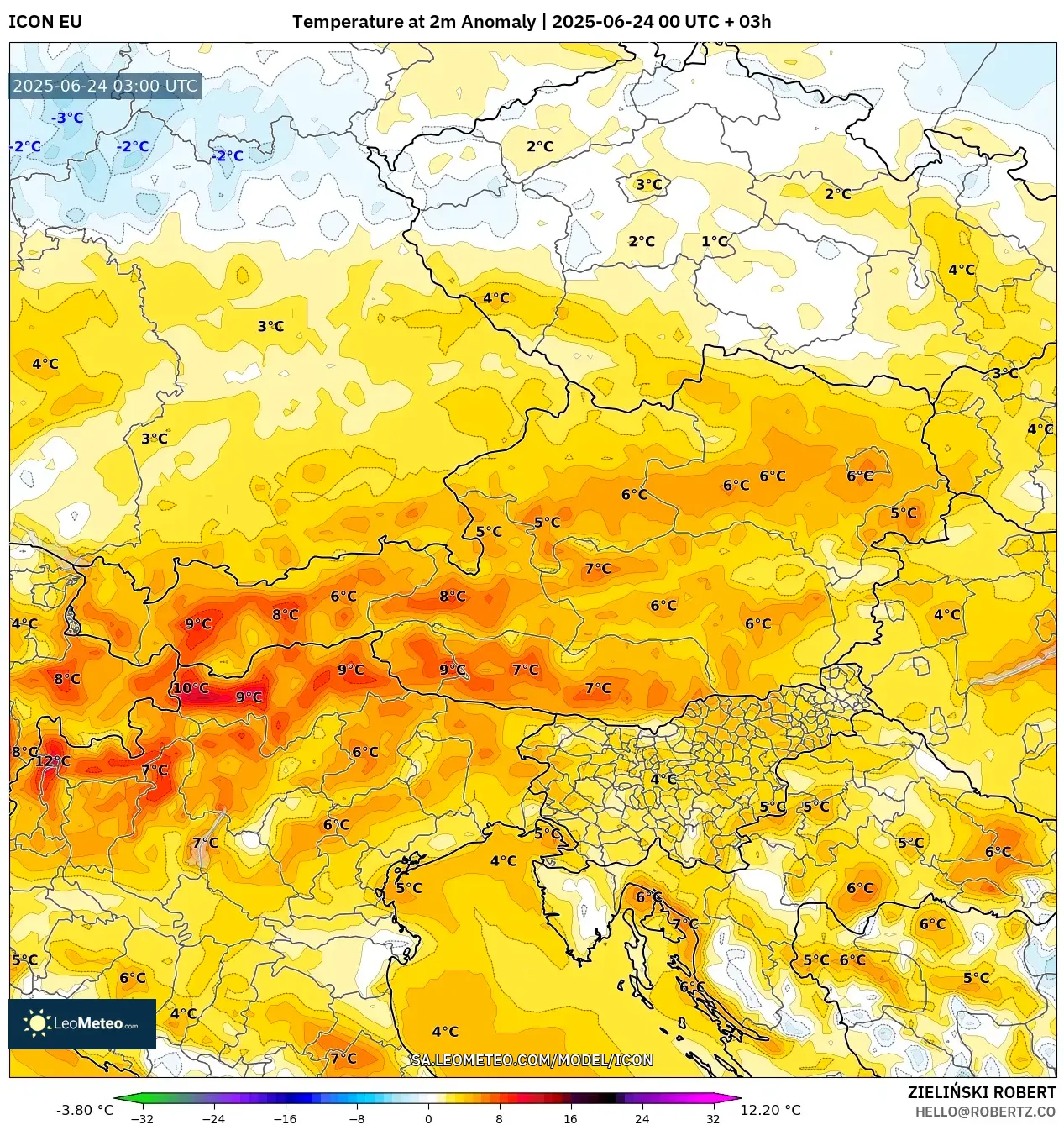 ICON model - Austria, Temperature at 2m Anomaly ICON model - Austria, Temperature at 2m Anomaly