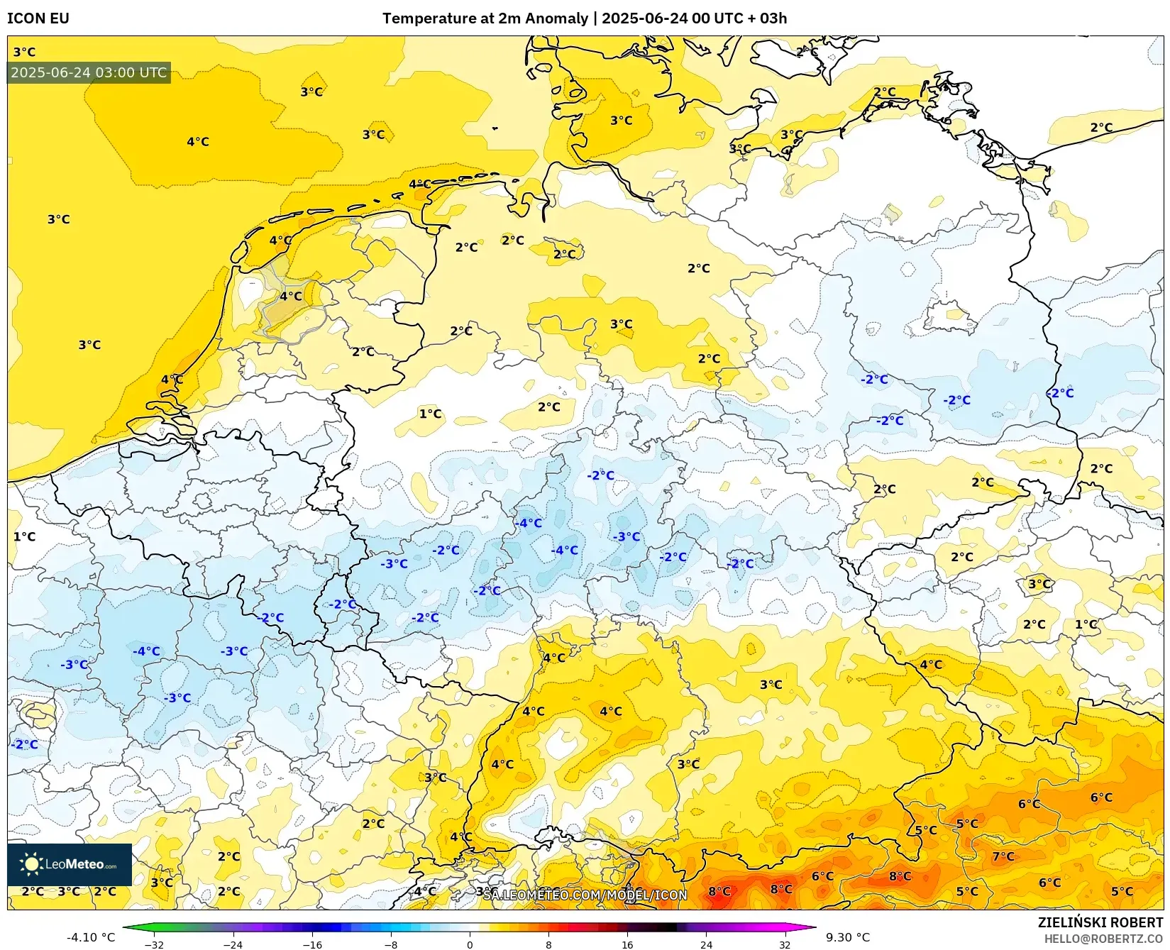 ICON model - Germany, Temperature at 2m Anomaly