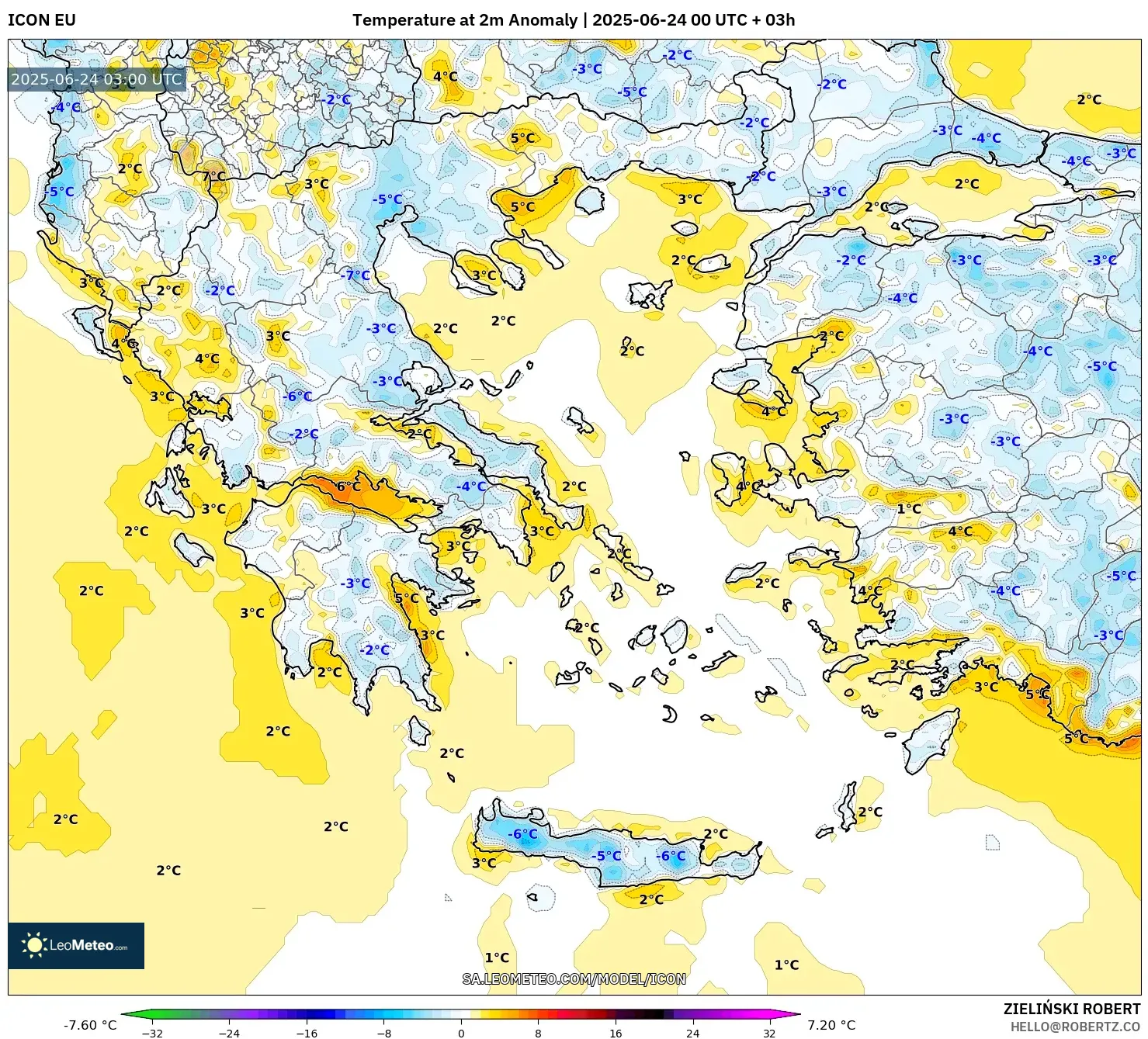ICON model - Greece, Temperature at 2m Anomaly ICON model - Greece, Temperature at 2m Anomaly
