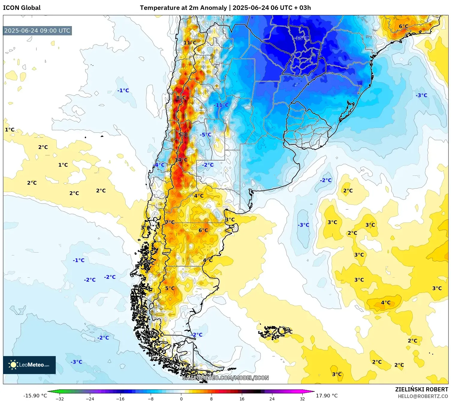 ICON model - Argentina, Temperature at 2m Anomaly ICON model - Argentina, Temperature at 2m Anomaly