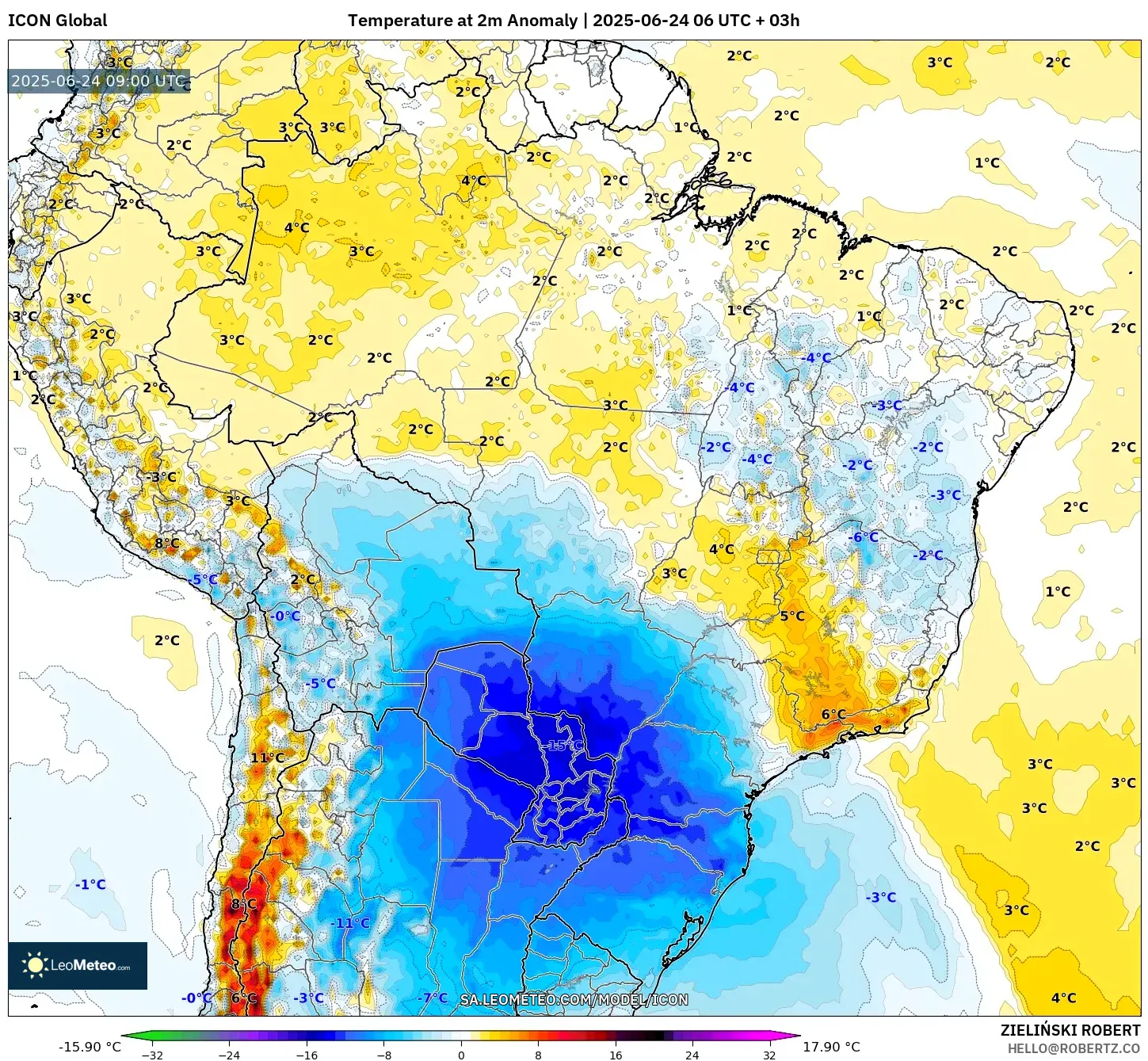 ICON model - Brazil, Temperature at 2m Anomaly ICON model - Brazil, Temperature at 2m Anomaly