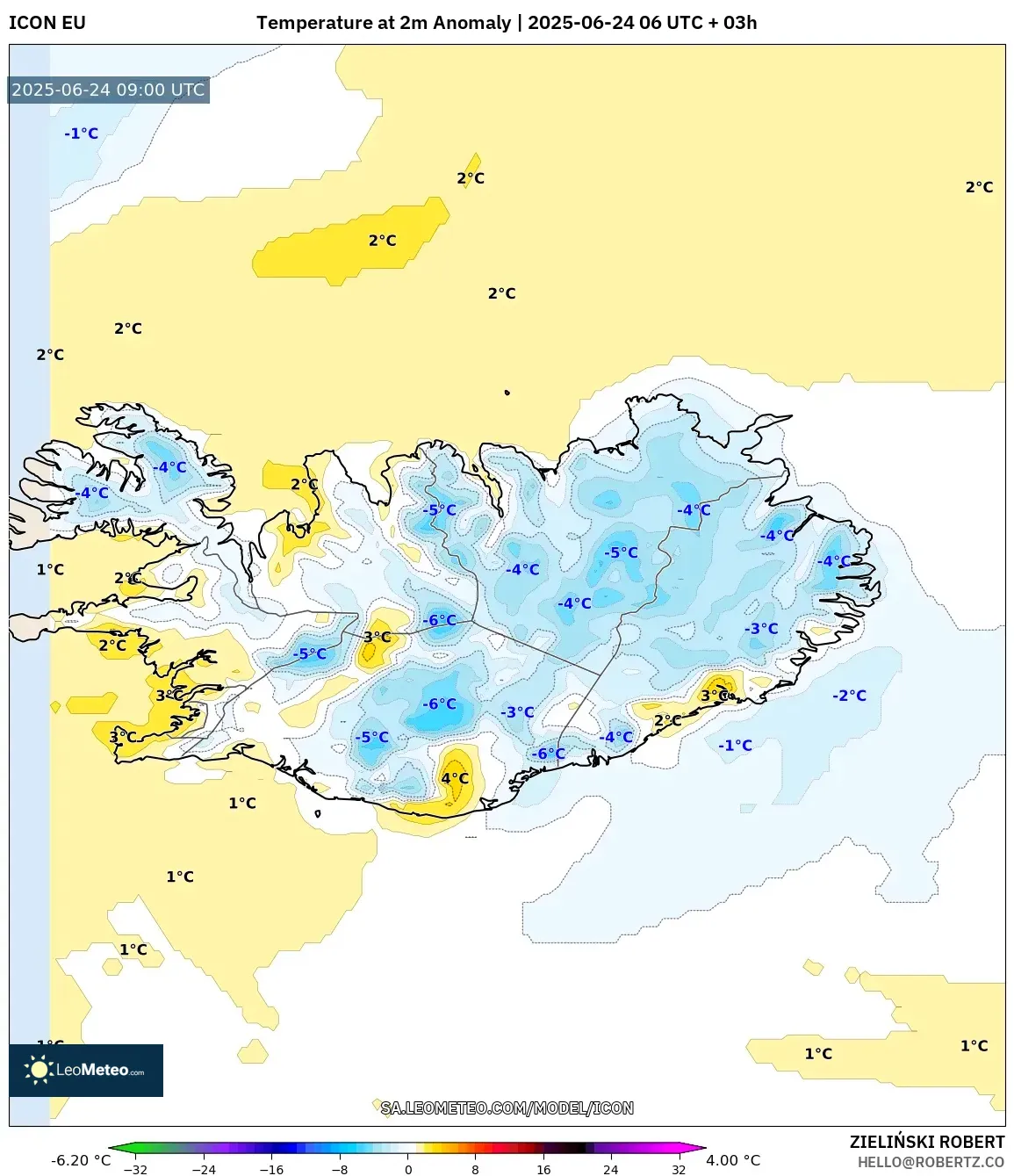 ICON model - Iceland, Temperature at 2m Anomaly ICON model - Iceland, Temperature at 2m Anomaly