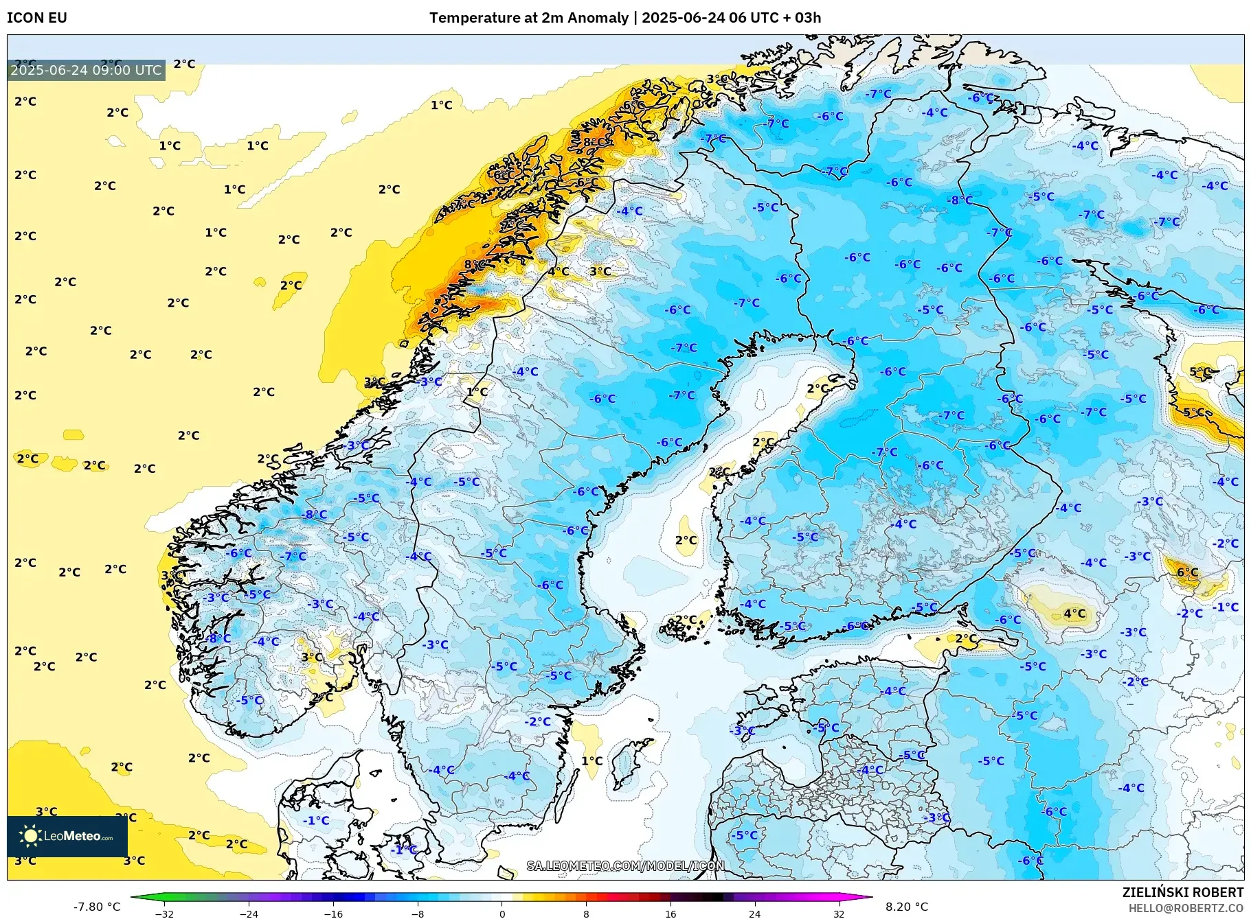 ICON model - Scandinavia, Temperature at 2m Anomaly ICON model - Scandinavia, Temperature at 2m Anomaly