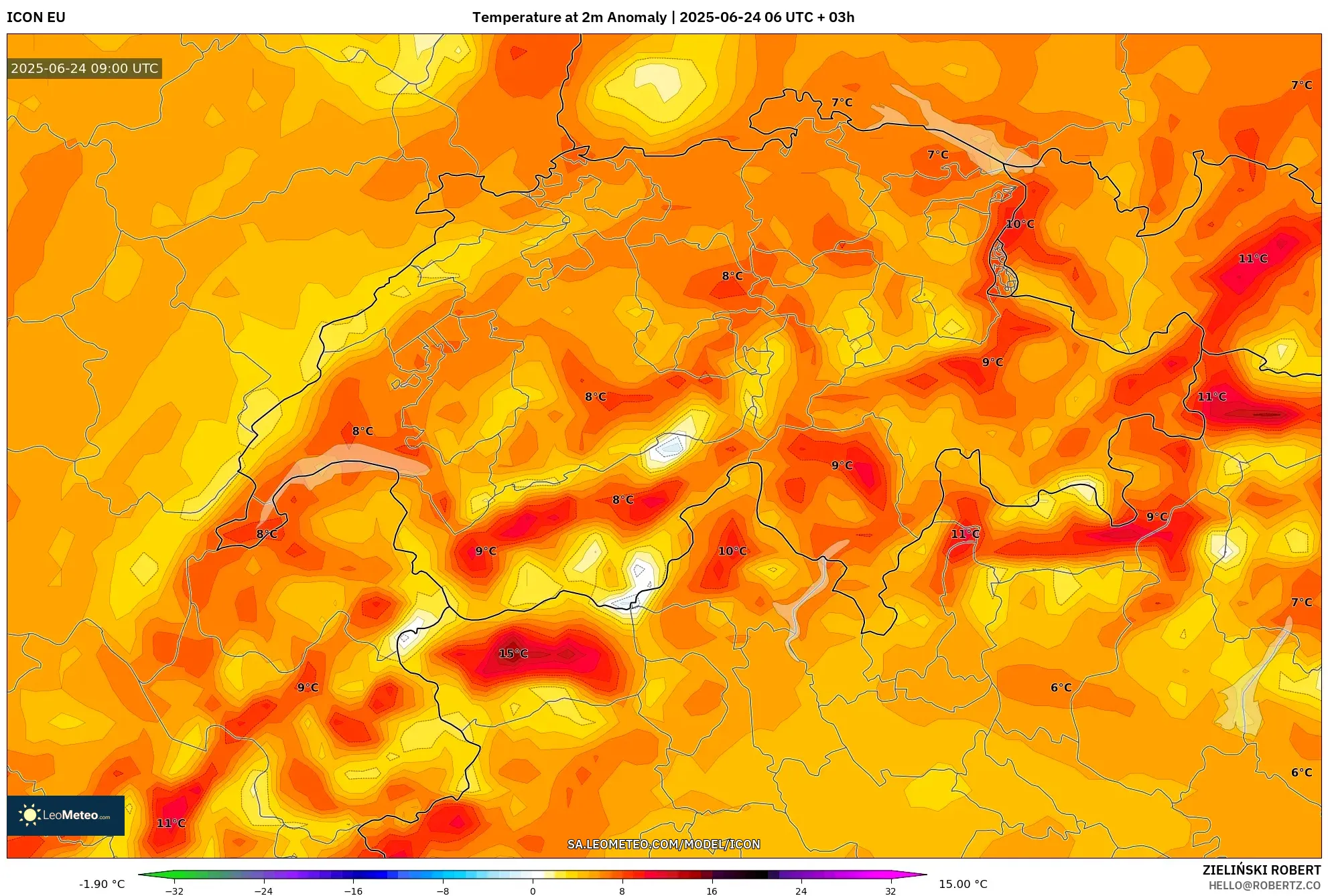 ICON model - Switzerland, Temperature at 2m Anomaly ICON model - Switzerland, Temperature at 2m Anomaly