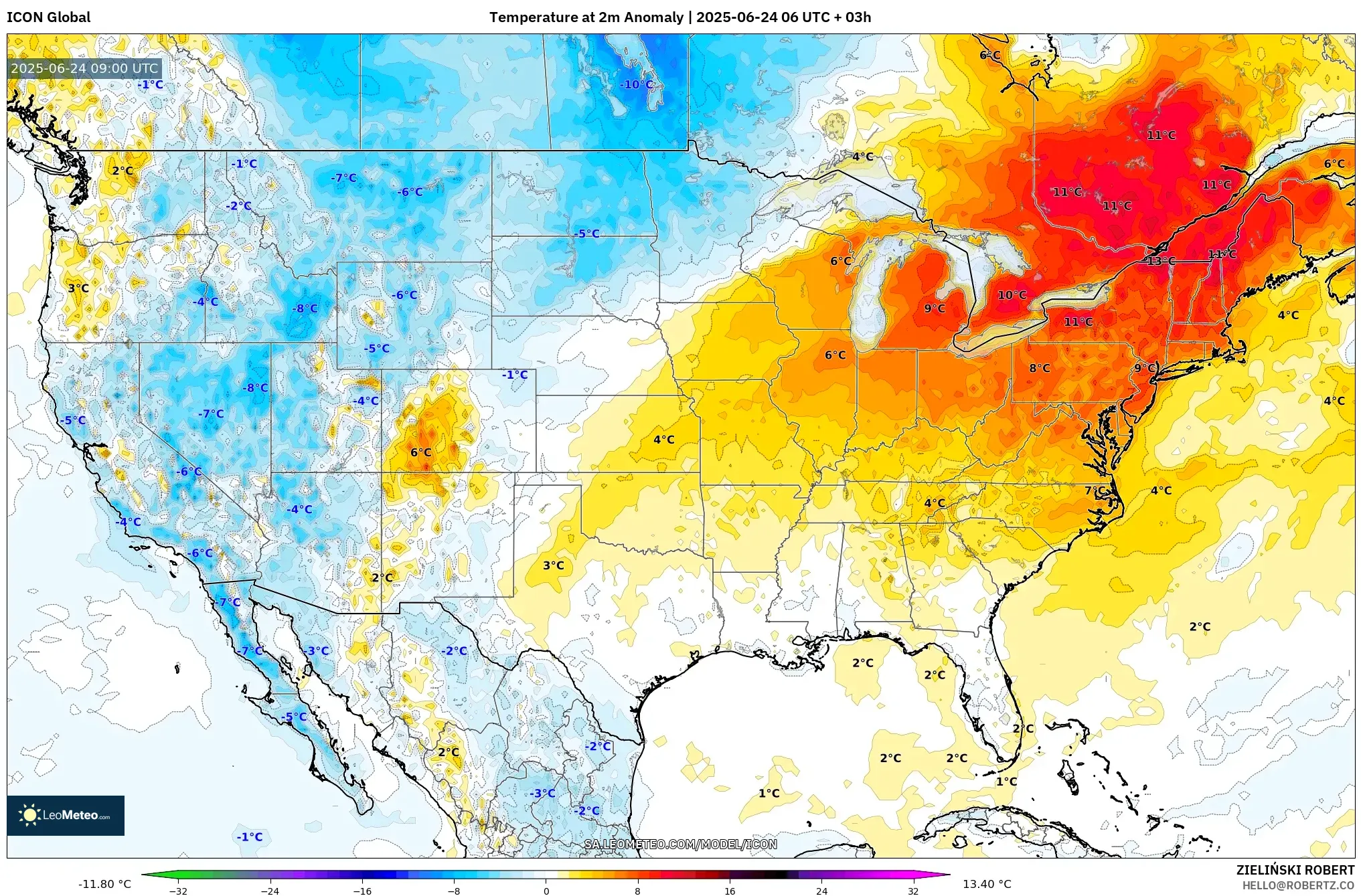 ICON model - United States, Temperature at 2m Anomaly ICON model - United States, Temperature at 2m Anomaly