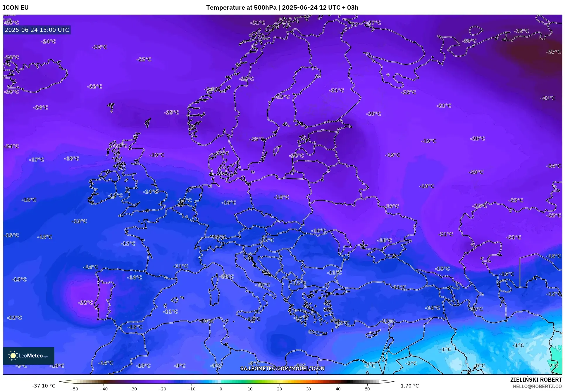 ICON model - Europe, Temperature at 500hPa ICON model - Europe, Temperature at 500hPa