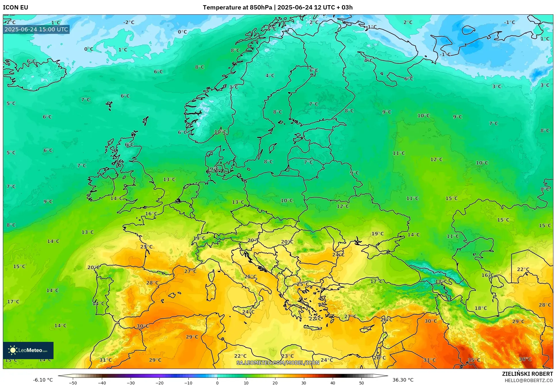 ICON model - Europe, Temperature at 850hPa ICON model - Europe, Temperature at 850hPa
