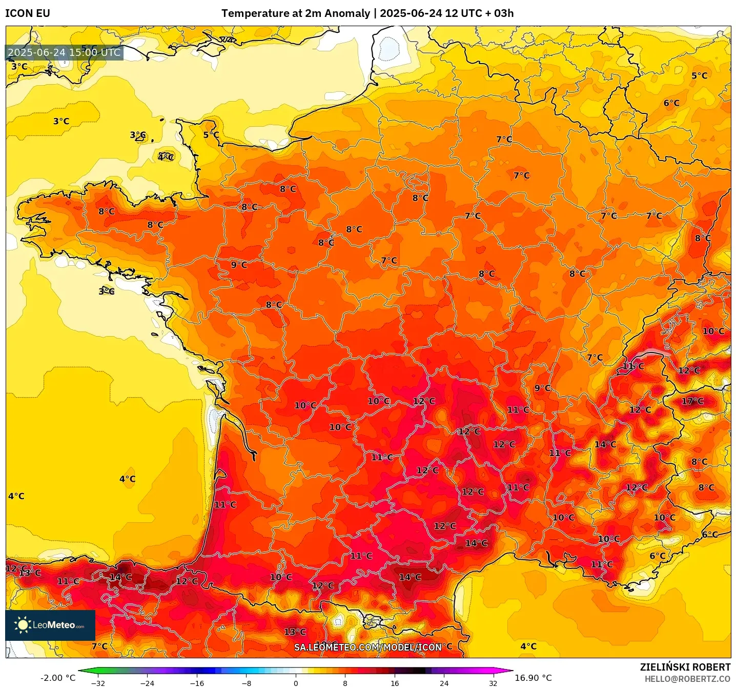 ICON model - France, Temperature at 2m Anomaly ICON model - France, Temperature at 2m Anomaly