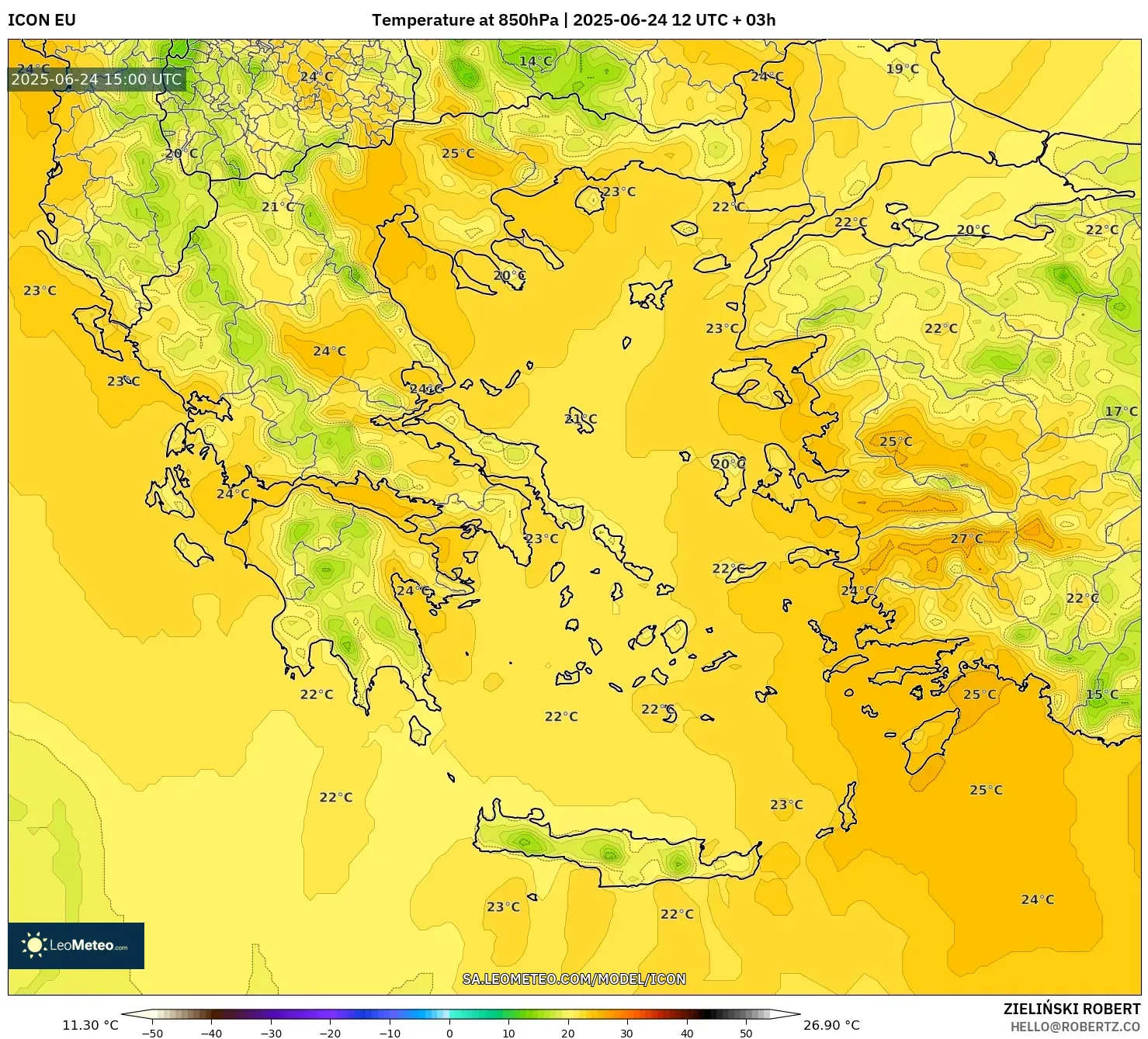 ICON model - Greece, Temperature at 850hPa ICON model - Greece, Temperature at 850hPa