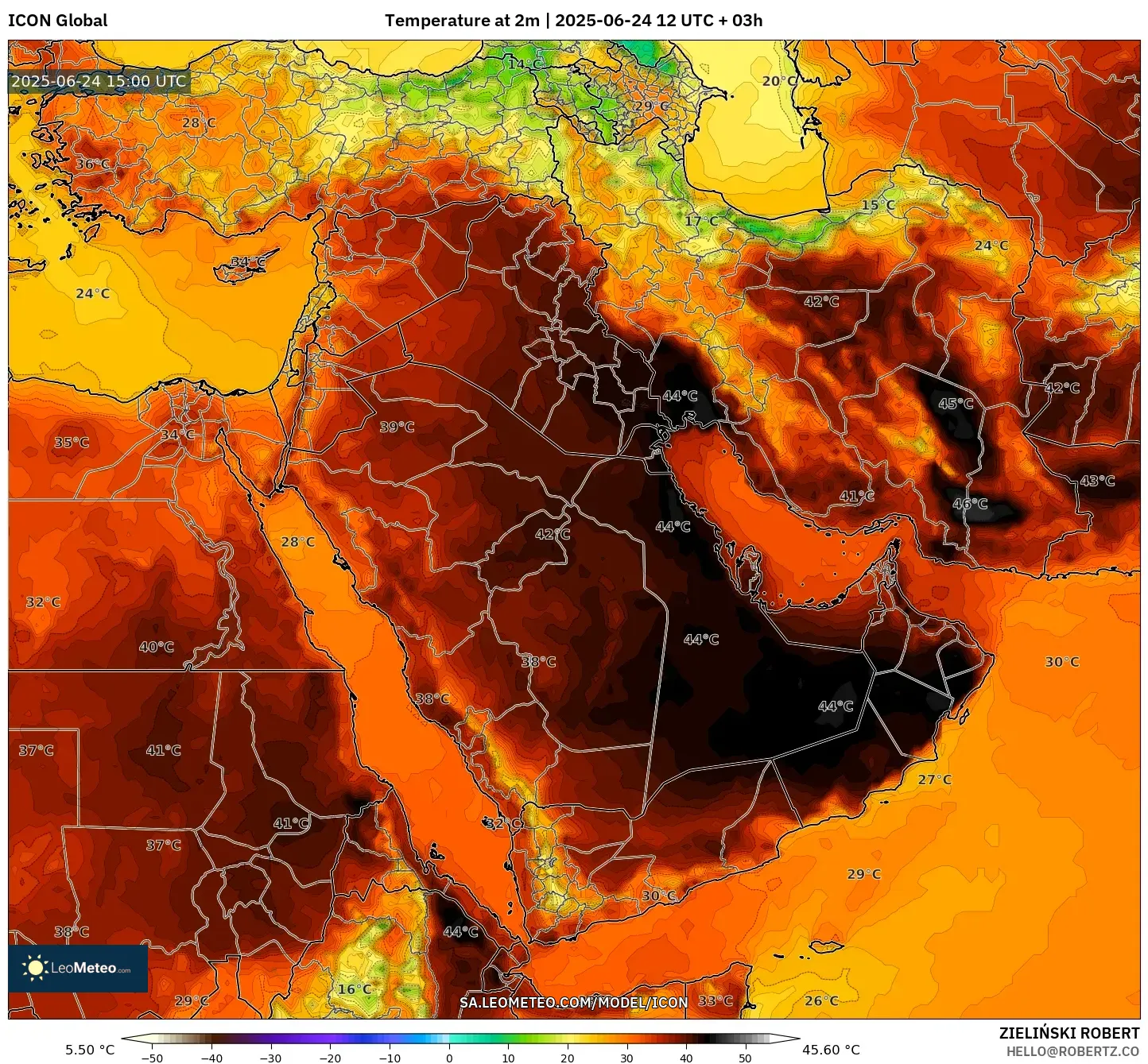 ICON model - Middle East, Temperature at 2m ICON model - Middle East, Temperature at 2m