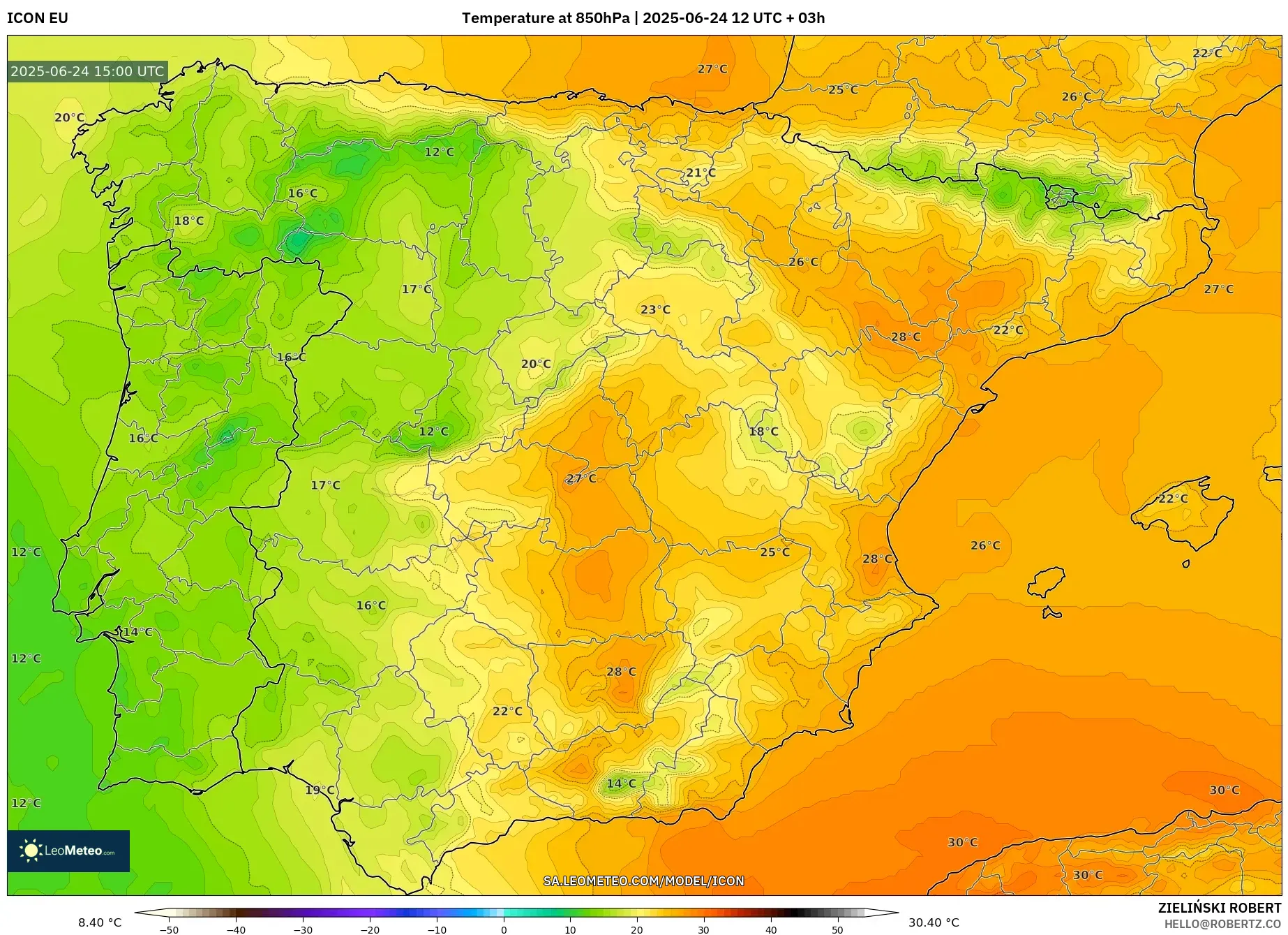 ICON model - Spain, Temperature at 850hPa ICON model - Spain, Temperature at 850hPa