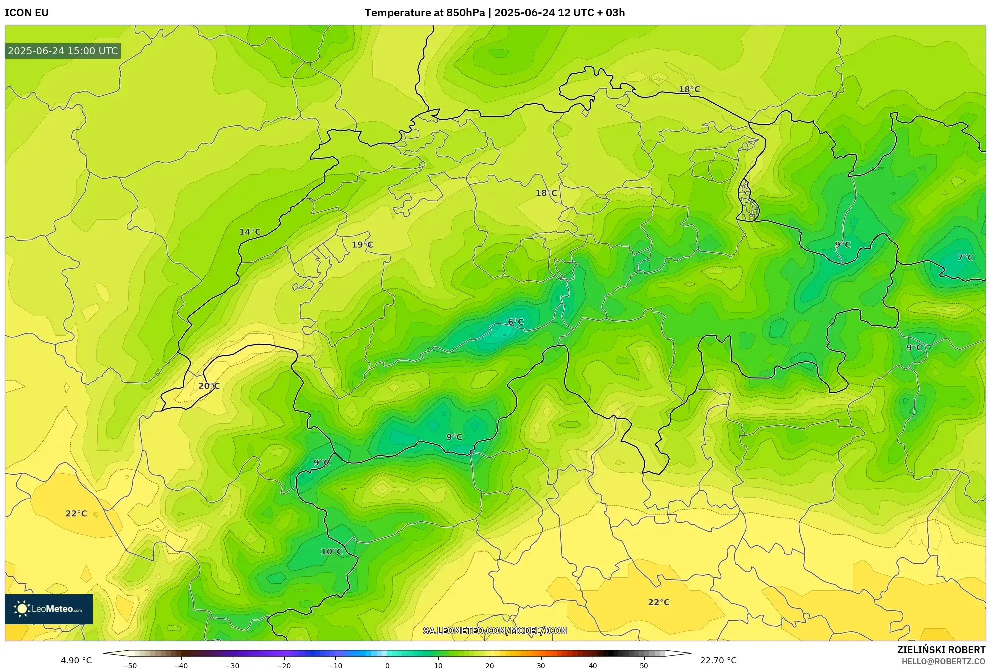 ICON model - Switzerland, Temperature at 850hPa ICON model - Switzerland, Temperature at 850hPa