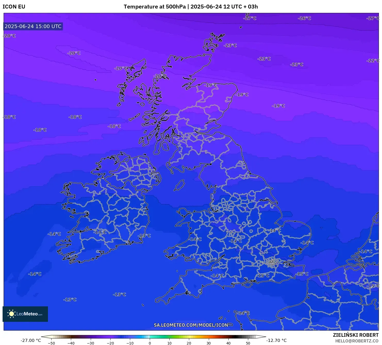 ICON model - United Kingdom, Temperature at 500hPa ICON model - United Kingdom, Temperature at 500hPa