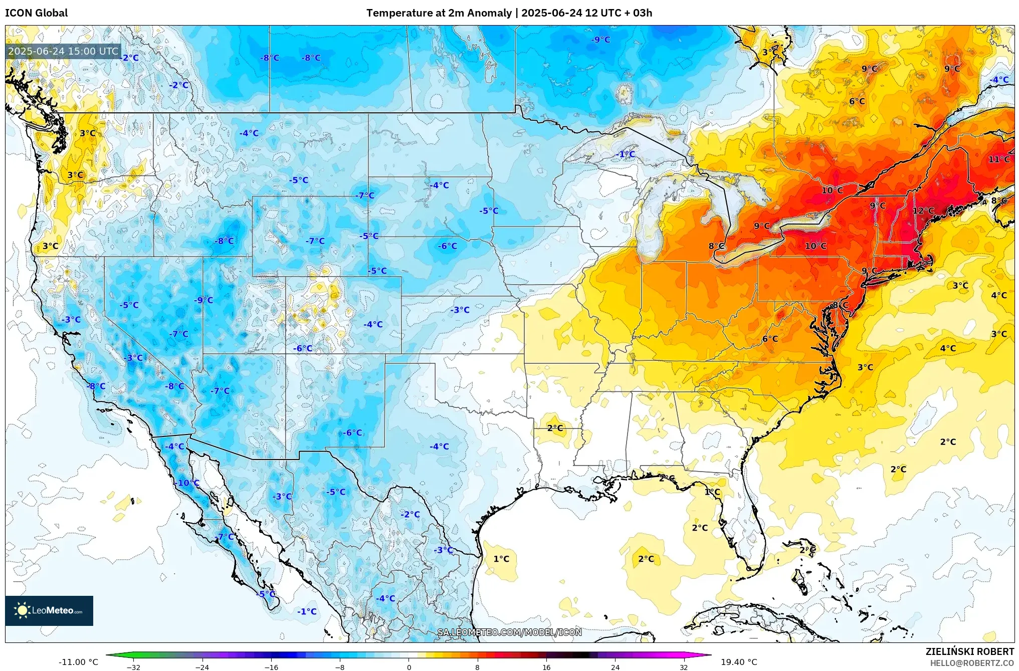 ICON model - United States, Temperature at 2m Anomaly ICON model - United States, Temperature at 2m Anomaly
