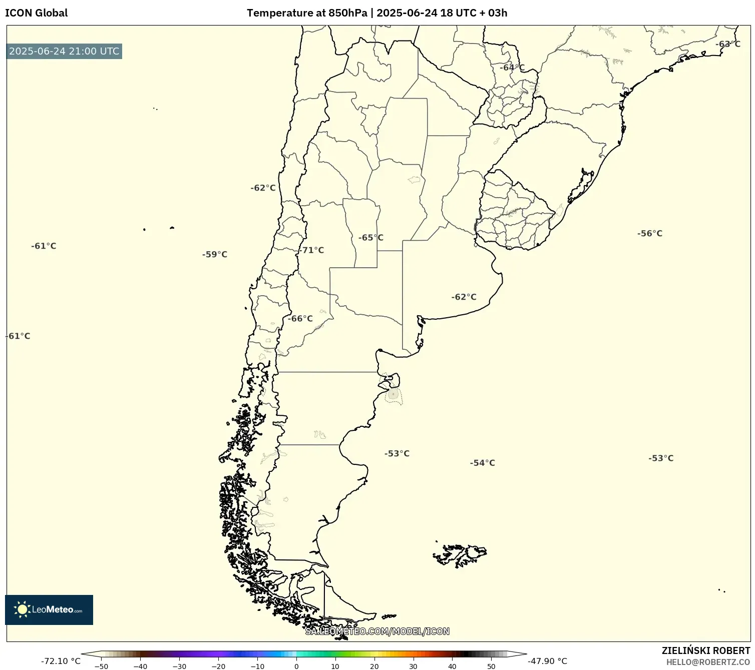 ICON model - Argentina, Temperature at 850hPa ICON model - Argentina, Temperature at 850hPa